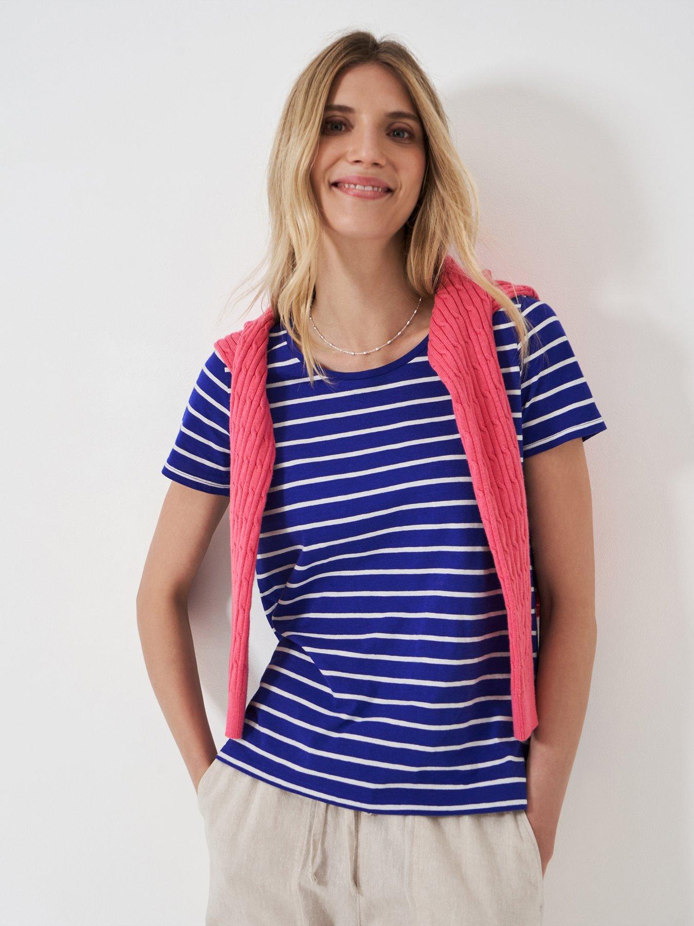 undefined Short Sleeve Scoop Slub Stripe T-Shirt - Blue