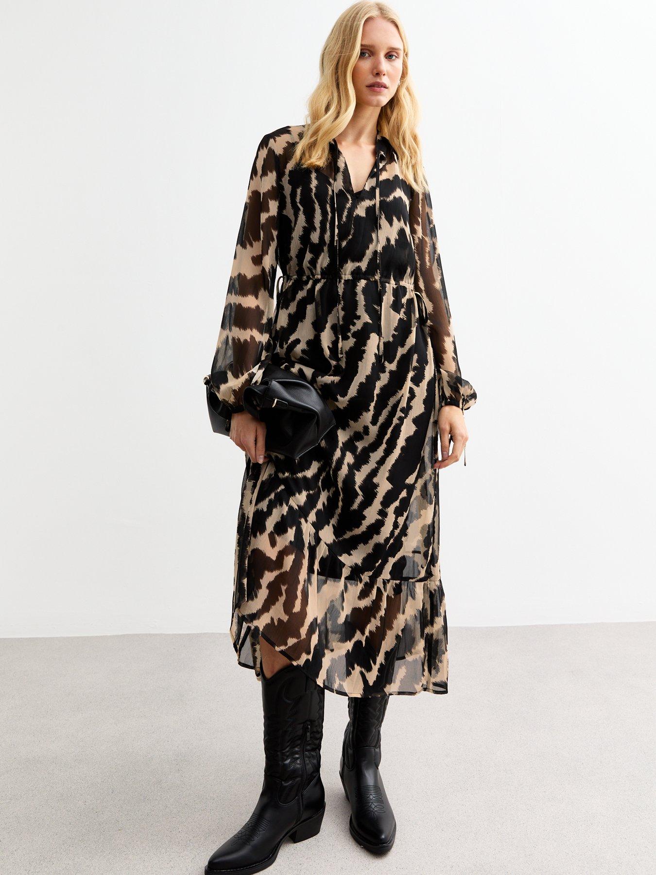 undefined Off White Zebra Chiffon Midi Dress - Print