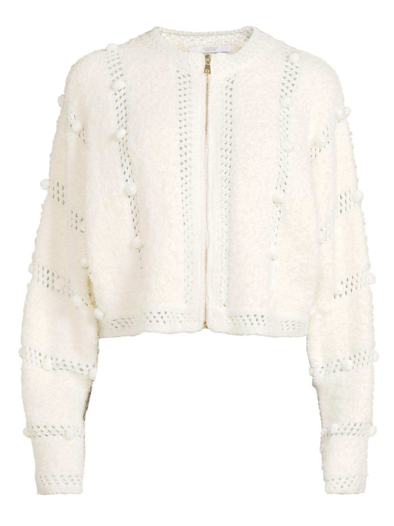  image of michelle-keegan-fluffy-zip-through-open-knit-cardigan-creamwhite