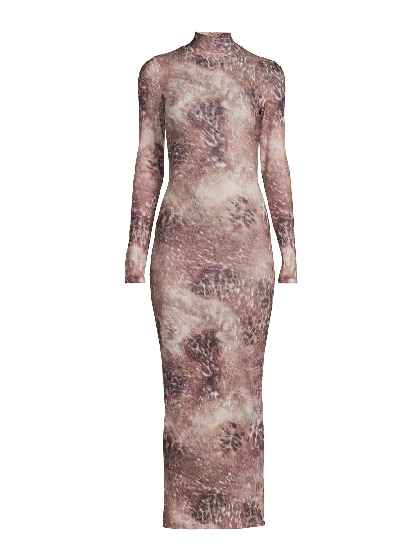  image of michelle-keegan-printed-high-neck-bodycon-dress-brown