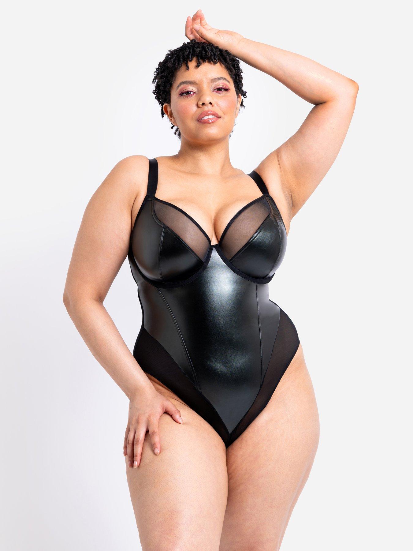 Curvy Kate Rebelle Faux Leather Non-padded Underwired Plunge Bodysuit - Black