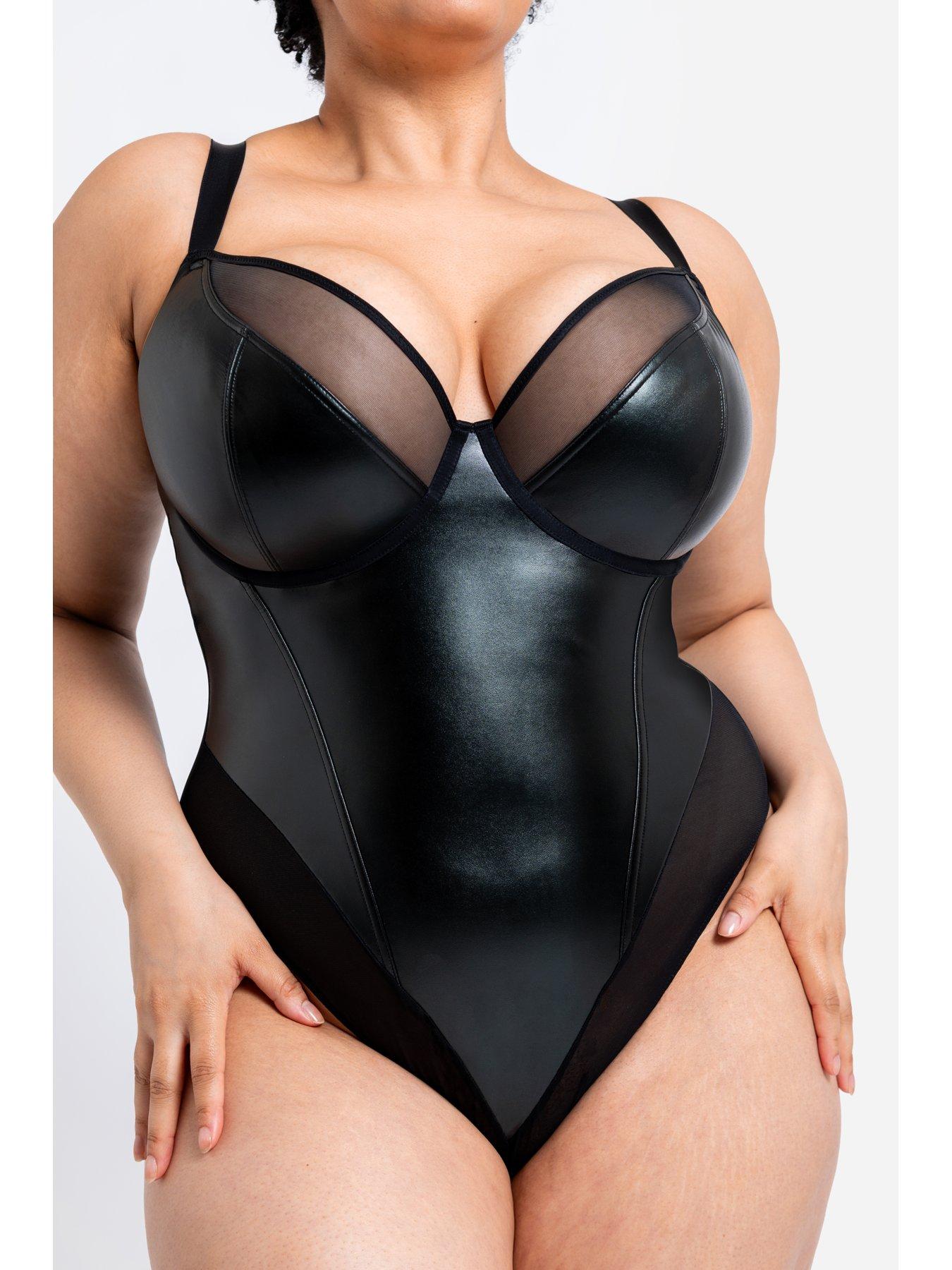 Image 3 of 5 of Curvy Kate Rebelle Faux Leather Non-padded Underwired Plunge Bodysuit - Black