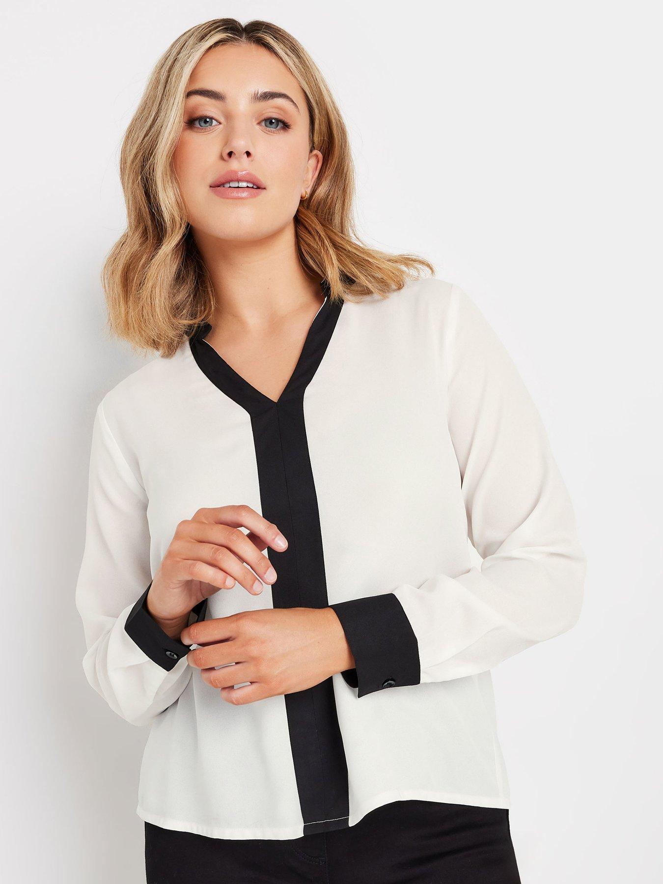 undefined Long Sleeve Tipping Detailed Blouse - Black/White