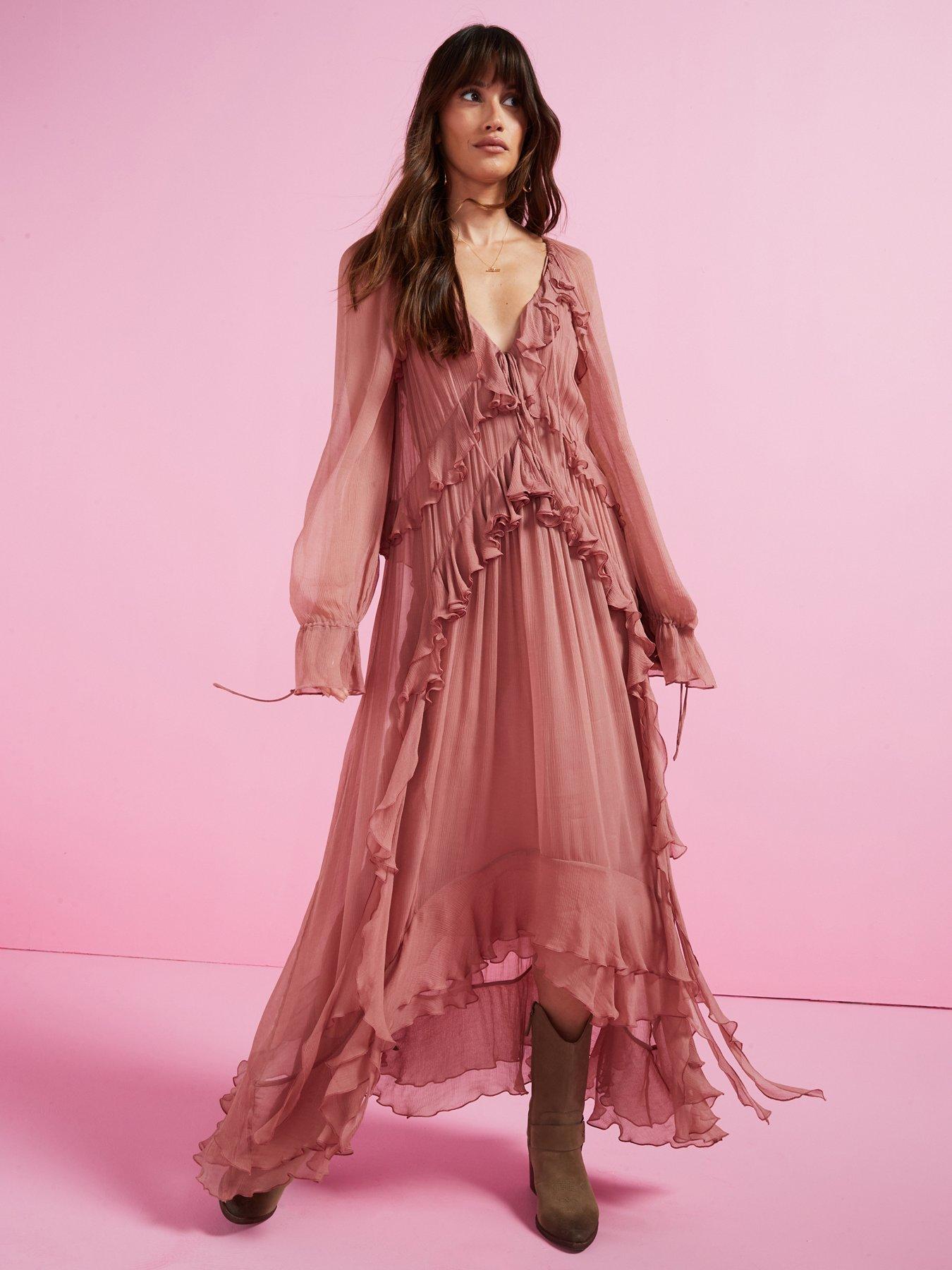 Mango Chiffon Ruffle Maxi Dress - Dusky Pink