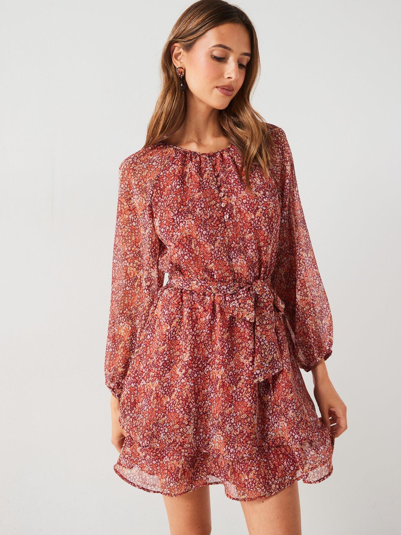undefined Floral Ruffle Mini Dress - Red