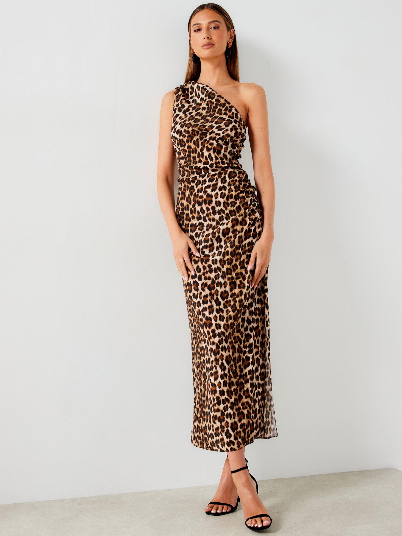  image of mango-leopard-one-shoulder-maxi-dress-brown