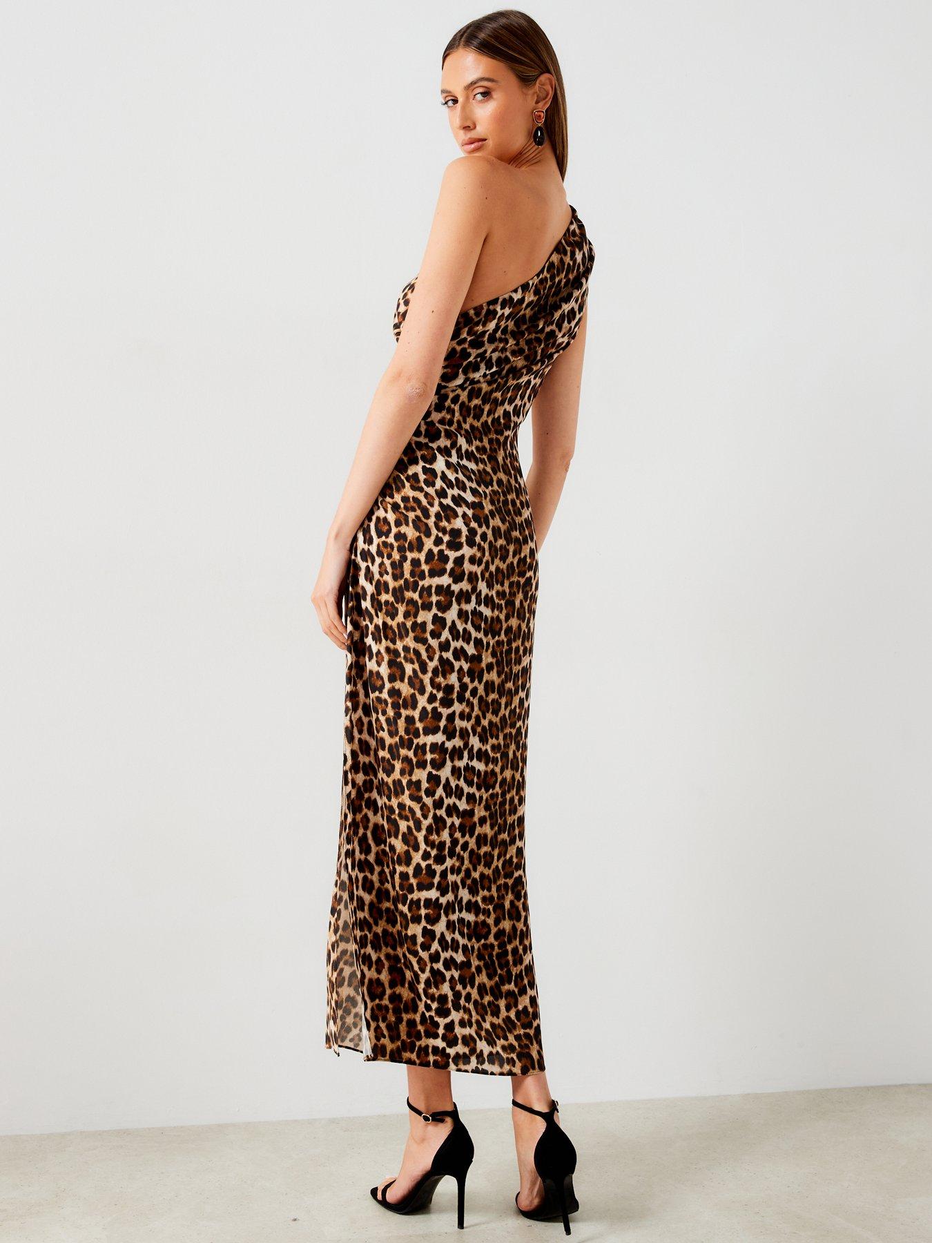  image of mango-leopard-one-shoulder-maxi-dress-brown