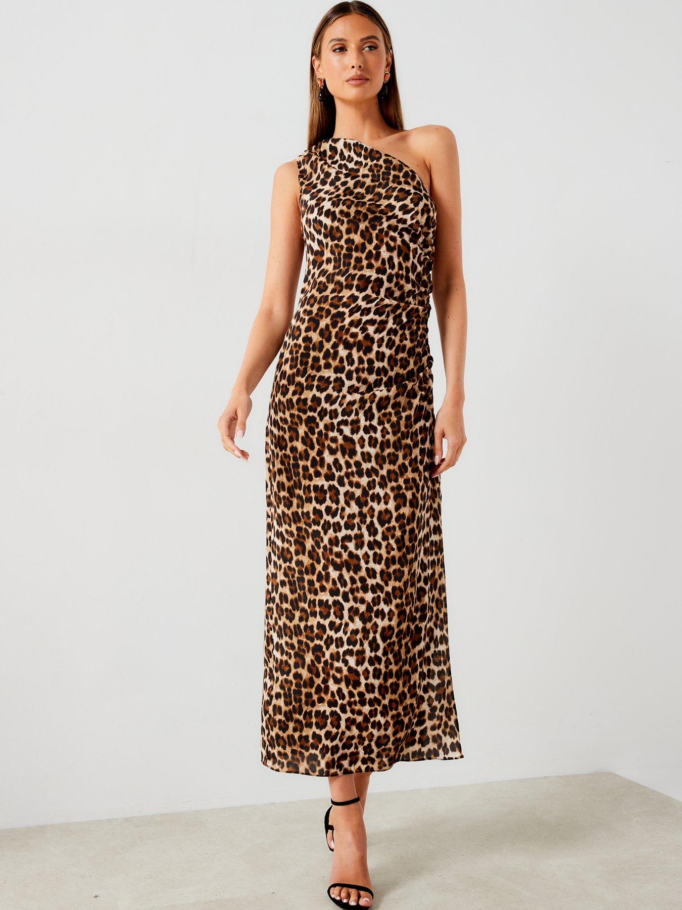  image of mango-leopard-one-shoulder-maxi-dress-brown