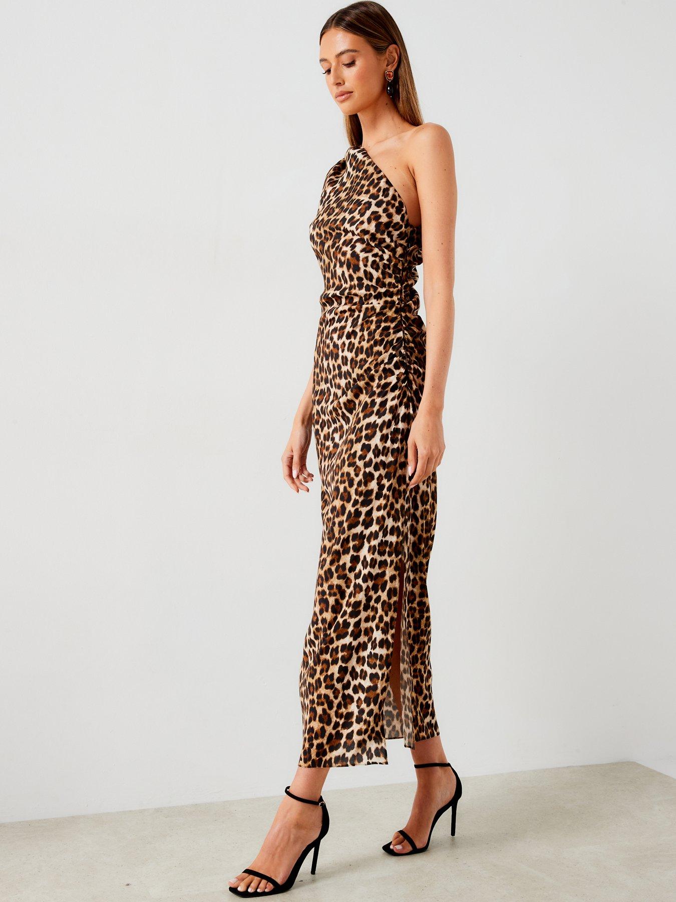  image of mango-leopard-one-shoulder-maxi-dress-brown