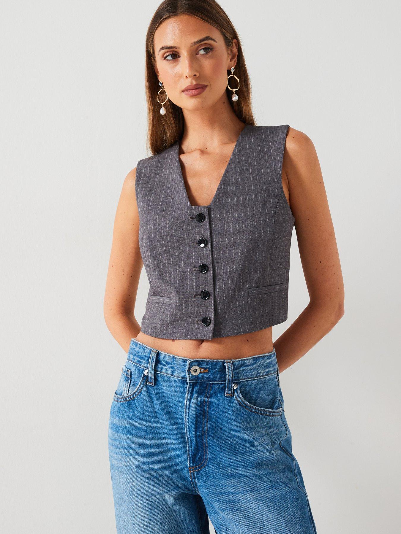  image of mango-stripped-button-waistcoat-grey