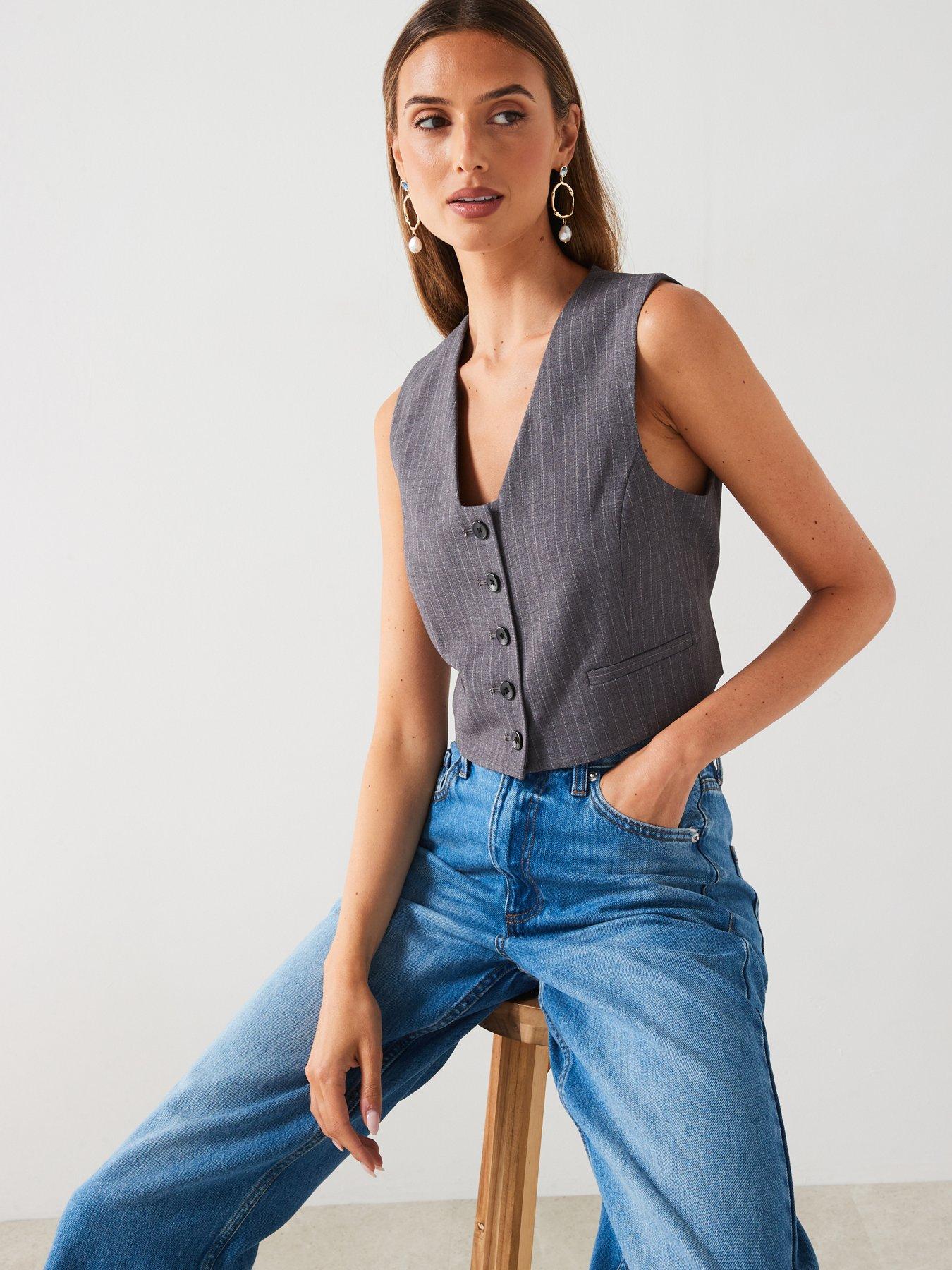  image of mango-stripped-button-waistcoat-grey
