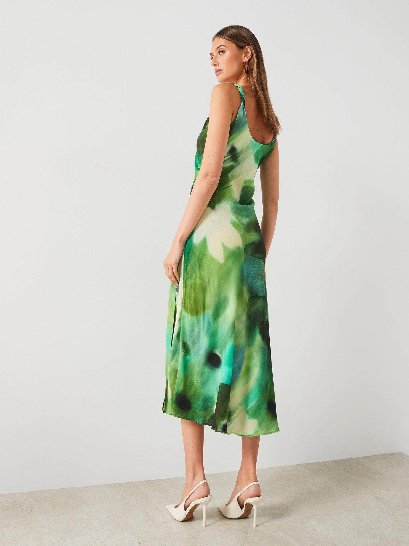 Mango Printed Pleated Waist Midi Dress - Green | Littlewoods