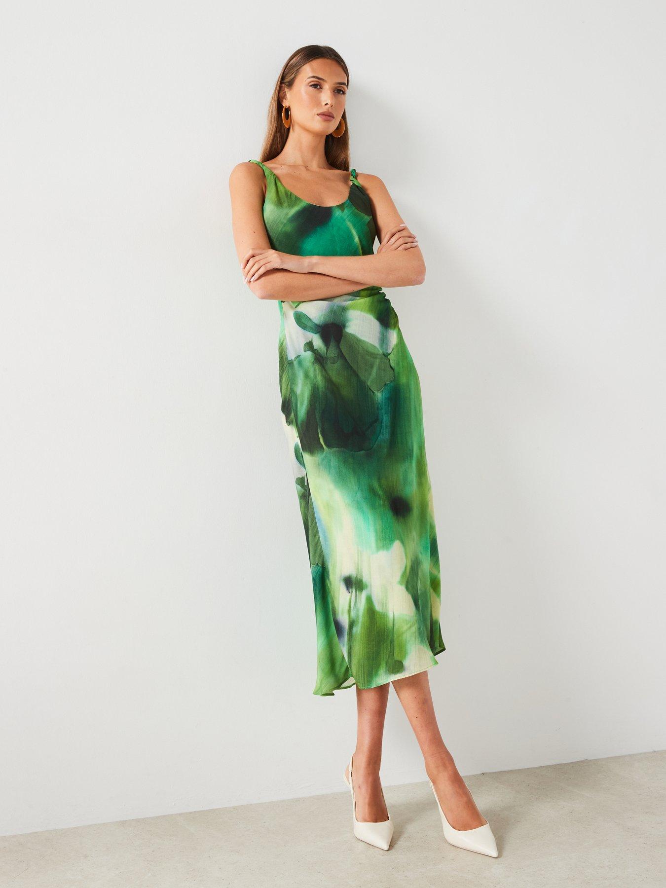 Mango Printed Pleated Waist Midi Dress - Green | Littlewoods