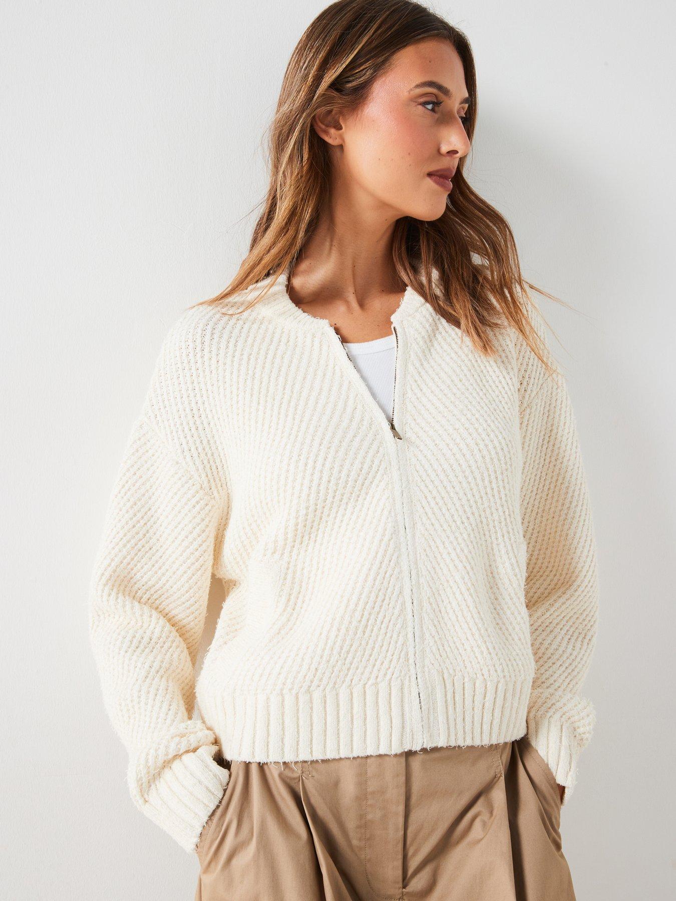 undefined Knitted Textured Bomber Jacket - Cream