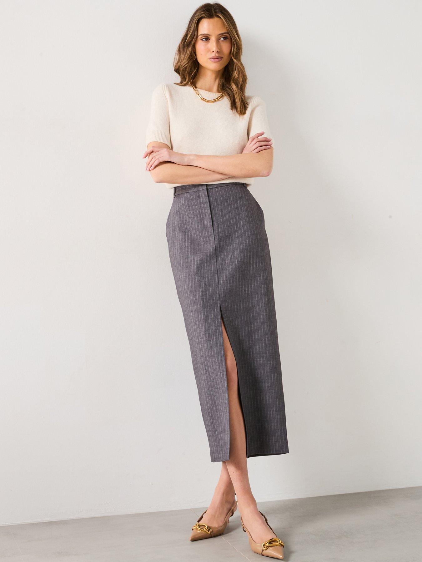 front image of mango-pinstripe-midi-skirt-grey