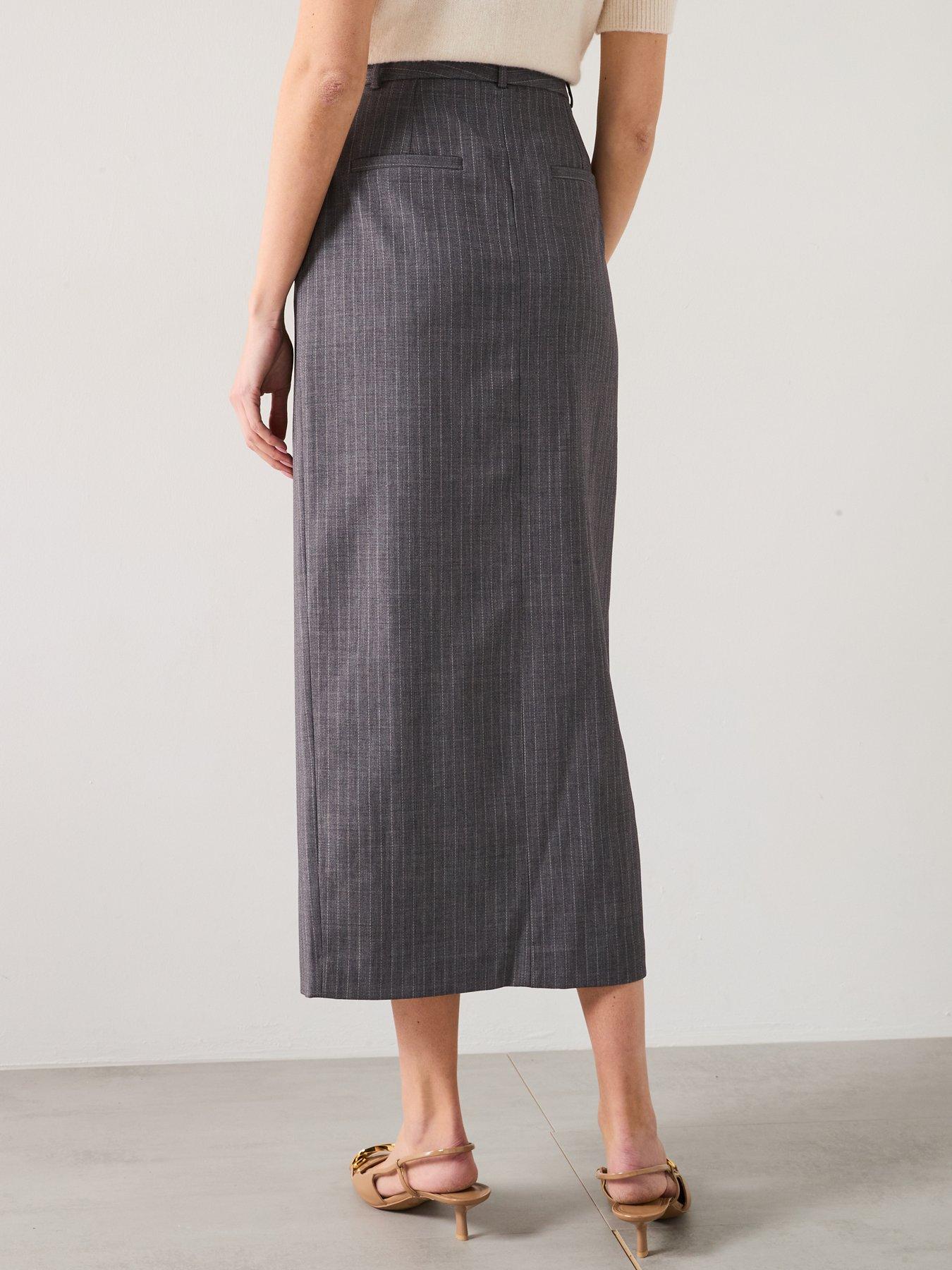  image of mango-pinstripe-midi-skirt-grey