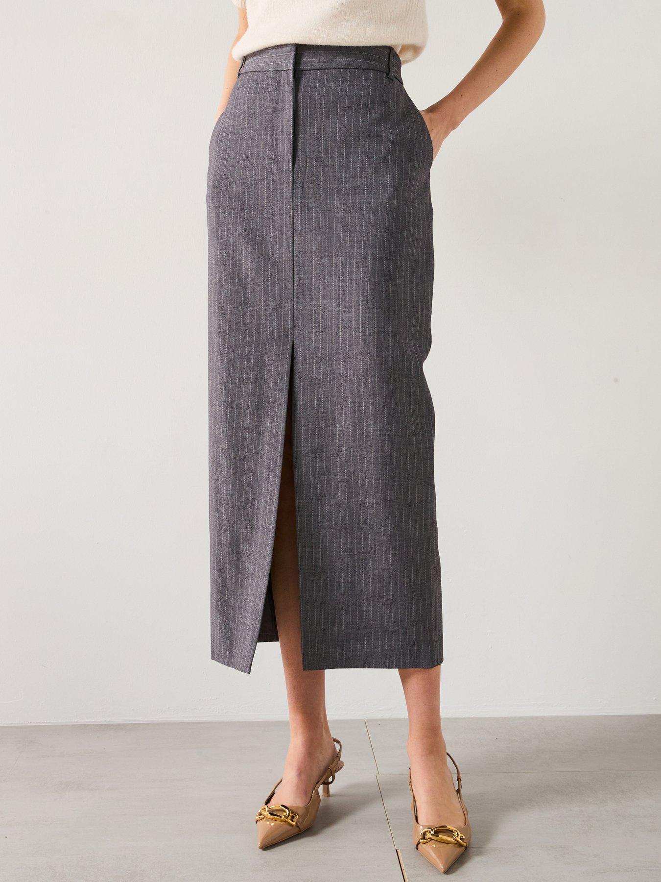  image of mango-pinstripe-midi-skirt-grey