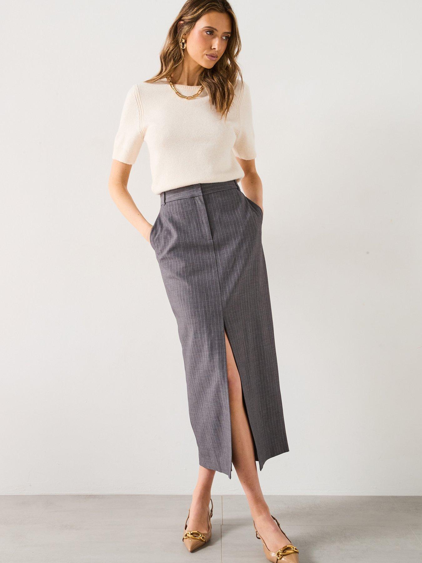  image of mango-pinstripe-midi-skirt-grey