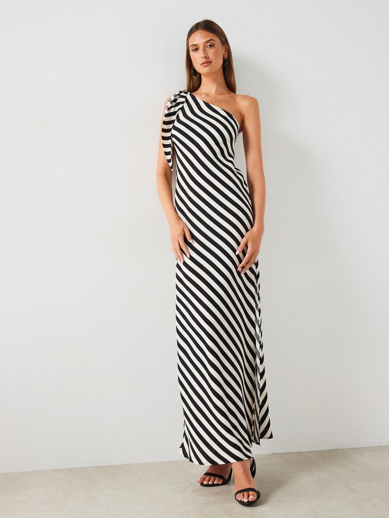 undefined One Shoulder Striped Maxi Dress - White