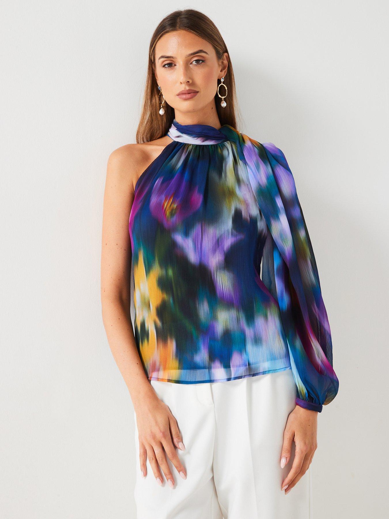 undefined One Shoulder Abstract Print Blouse - Blue