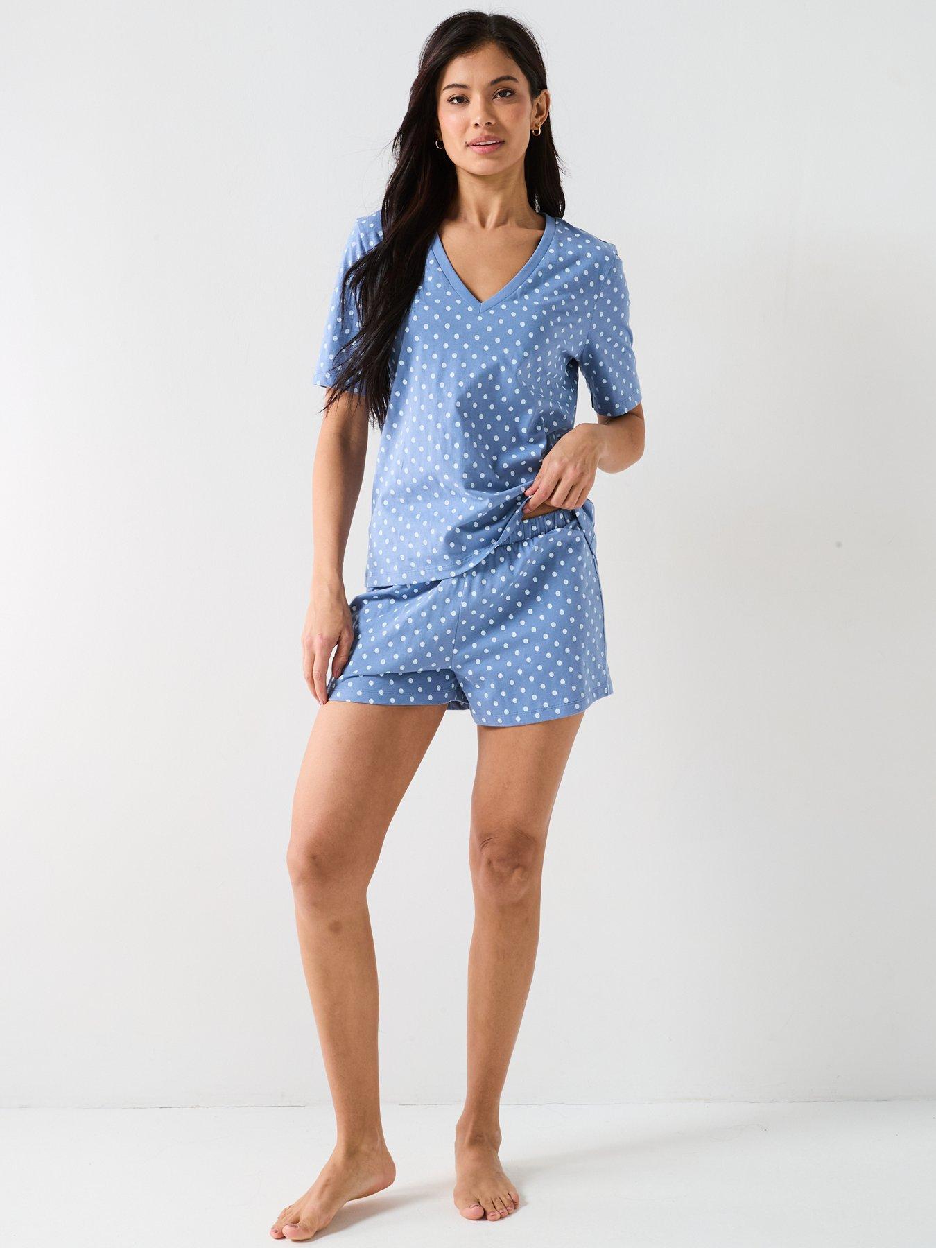  image of everyday-printed-aop-v-neck-short-sleeve-top-and-short-pj-set-blue