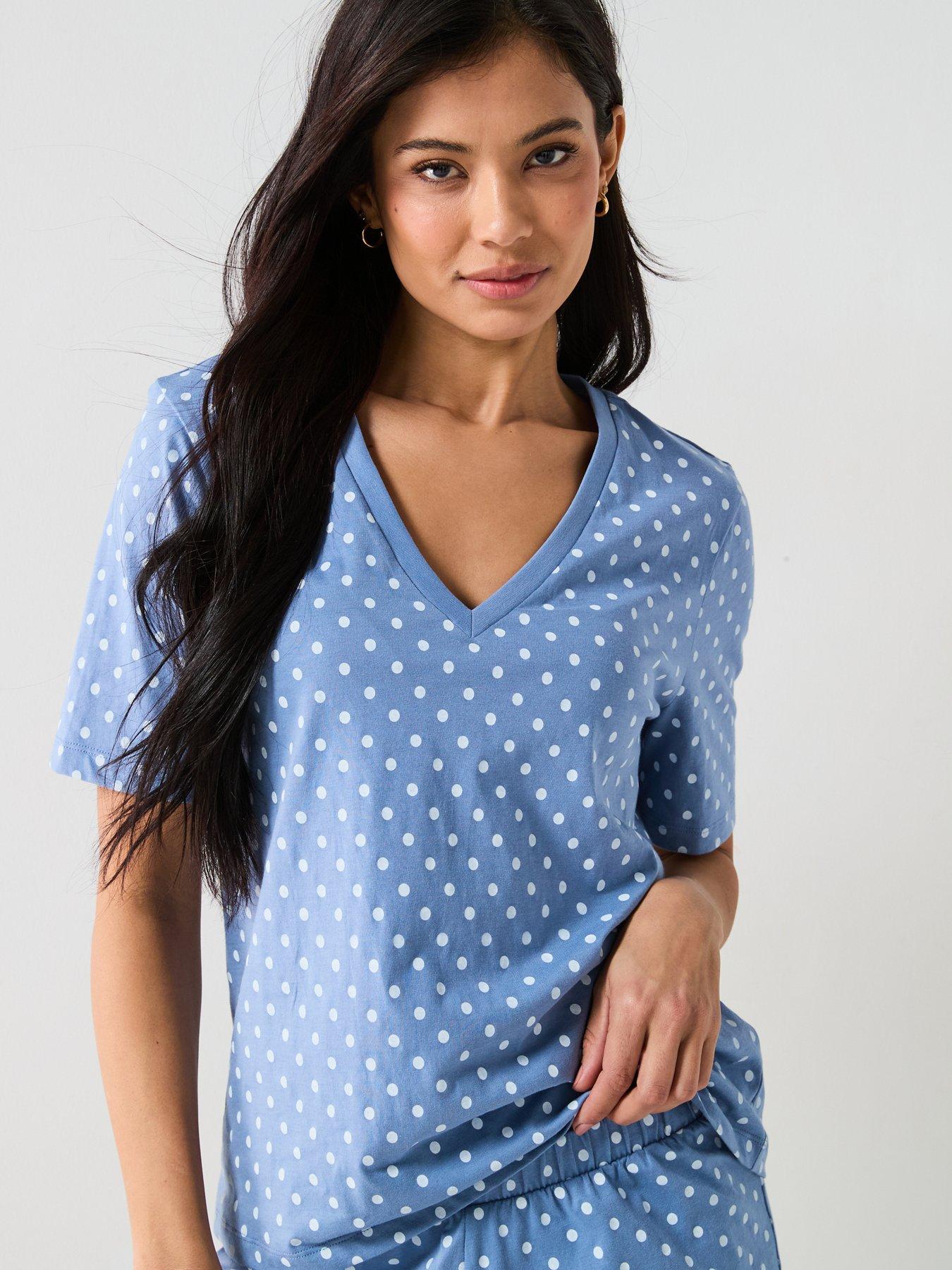  image of everyday-printed-aop-v-neck-short-sleeve-top-and-short-pj-set-blue