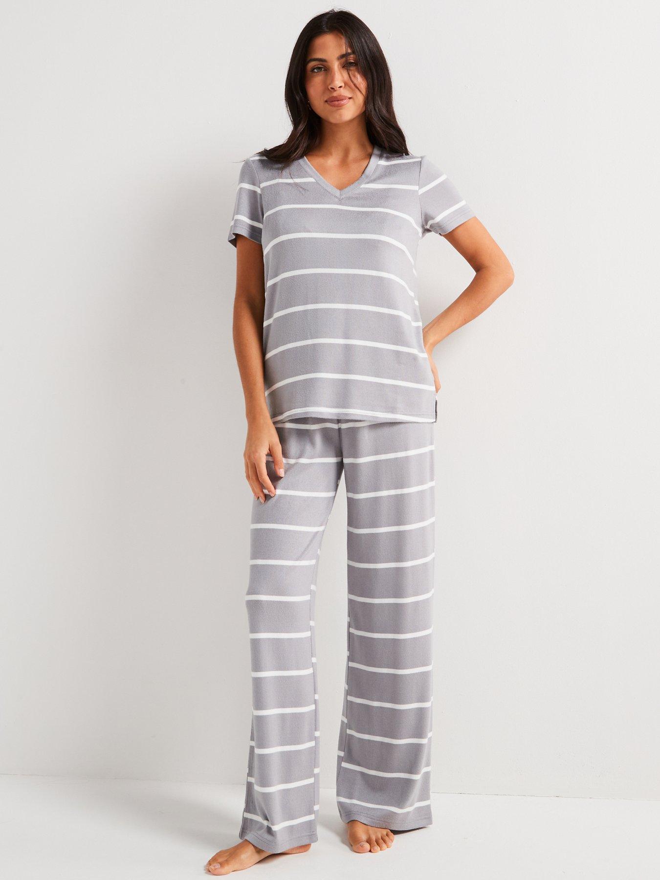  image of v-by-very-v-neck-stripe-and-wide-leg-loungewear-set