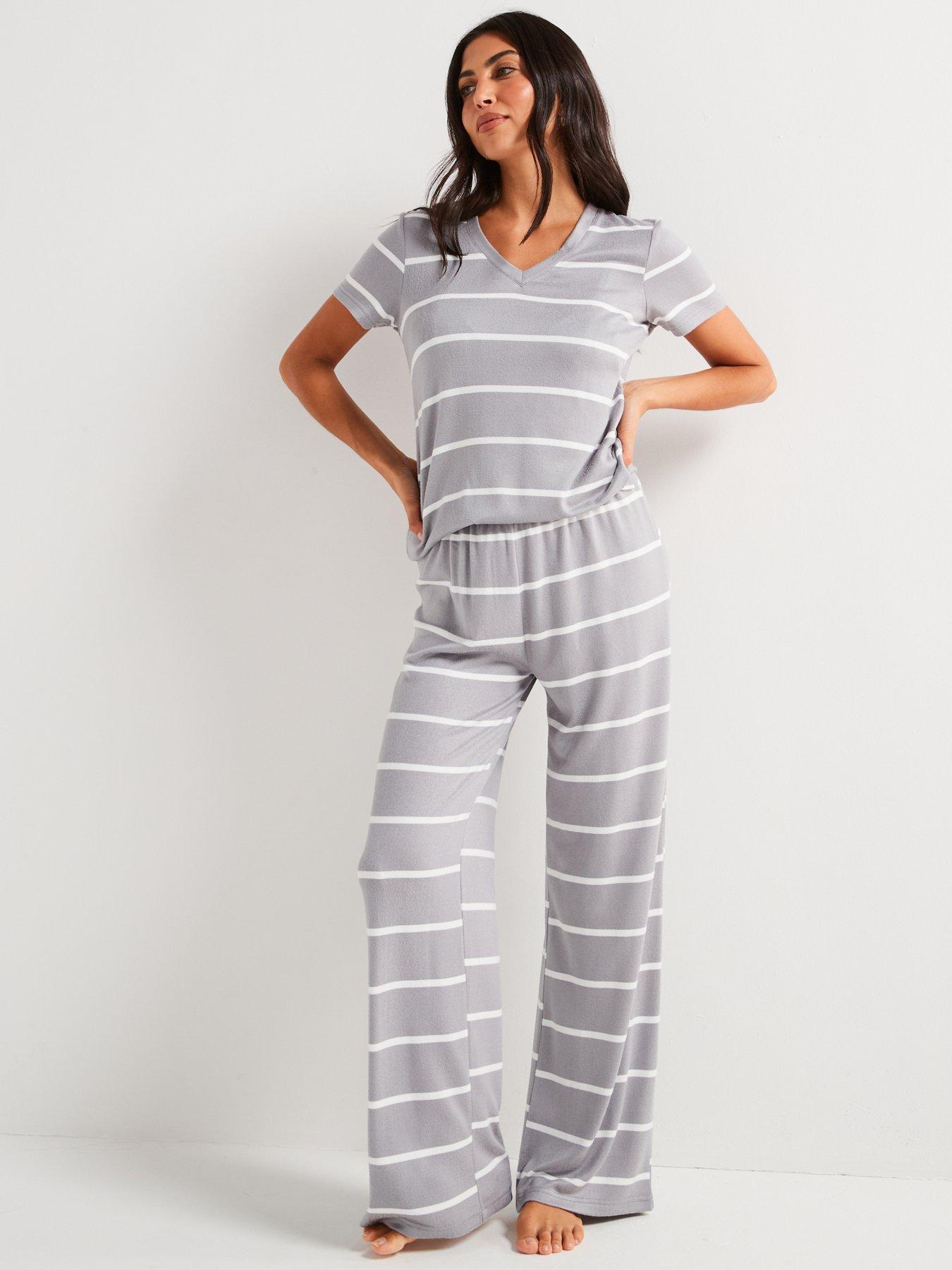  image of v-by-very-v-neck-stripe-and-wide-leg-loungewear-set