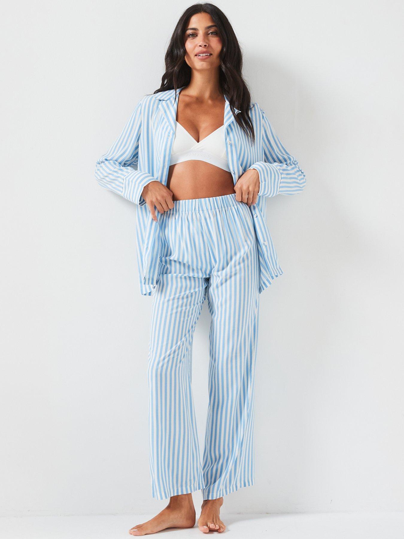 Image 3 of 4 of V by Very Woven Long Sleeve Stripe Revere Set - Blue