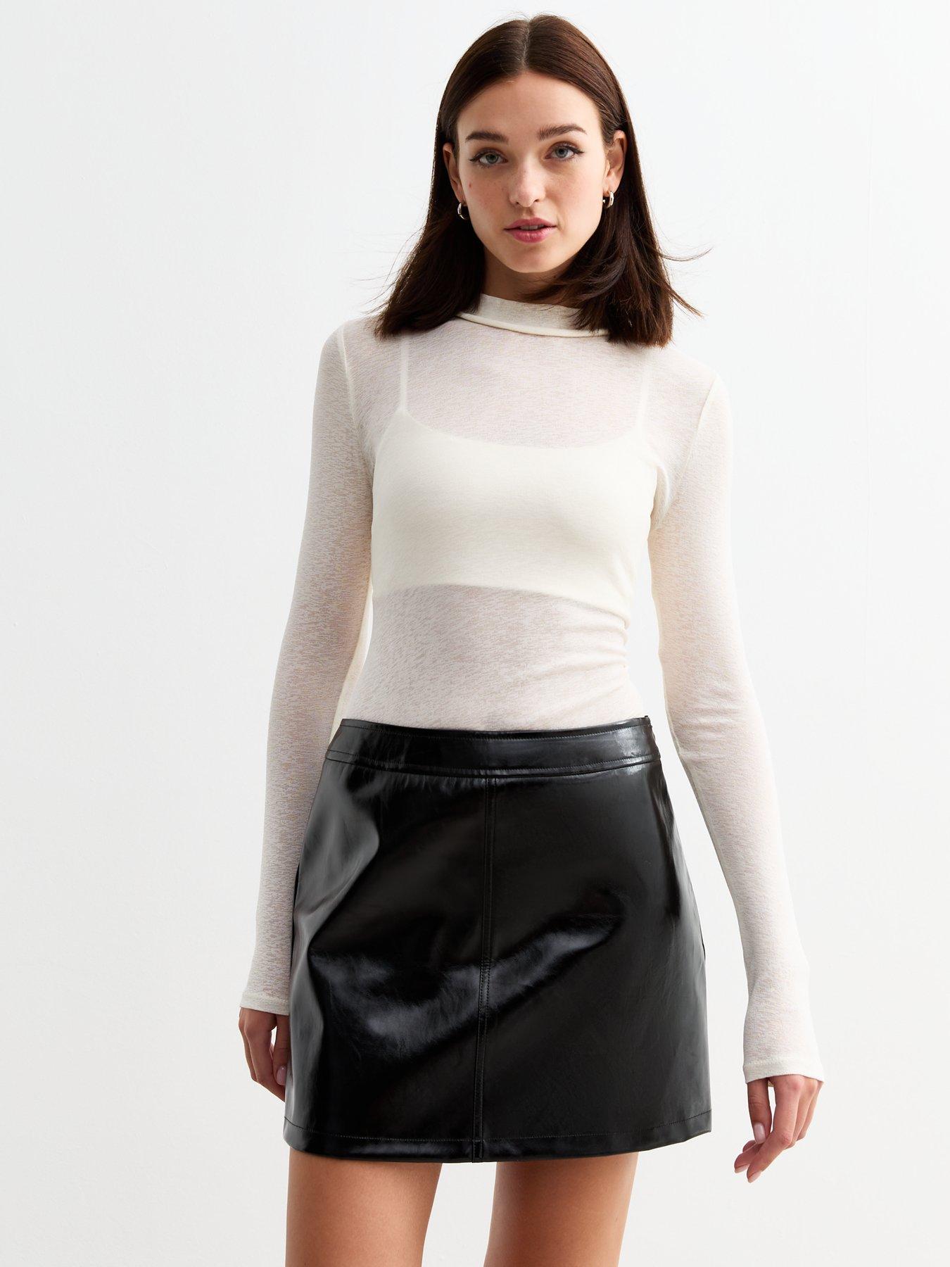 Black knee length leather look skirt best sale