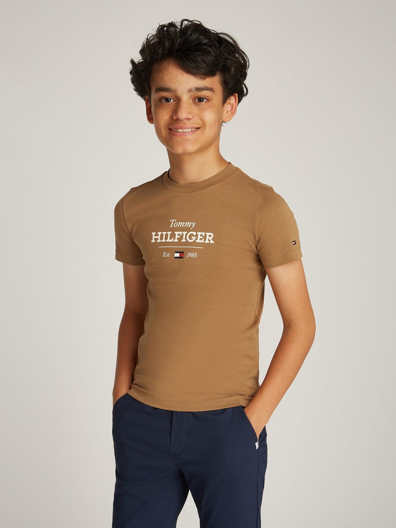  image of tommy-hilfiger-boys-monotype-1985-short-sleeve-t-shirt-dark-beige