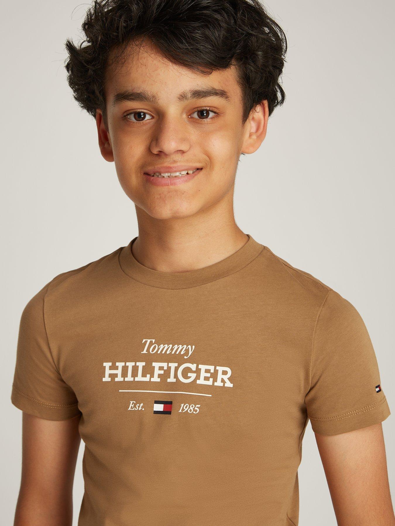  image of tommy-hilfiger-boys-monotype-1985-short-sleeve-t-shirt-dark-beige