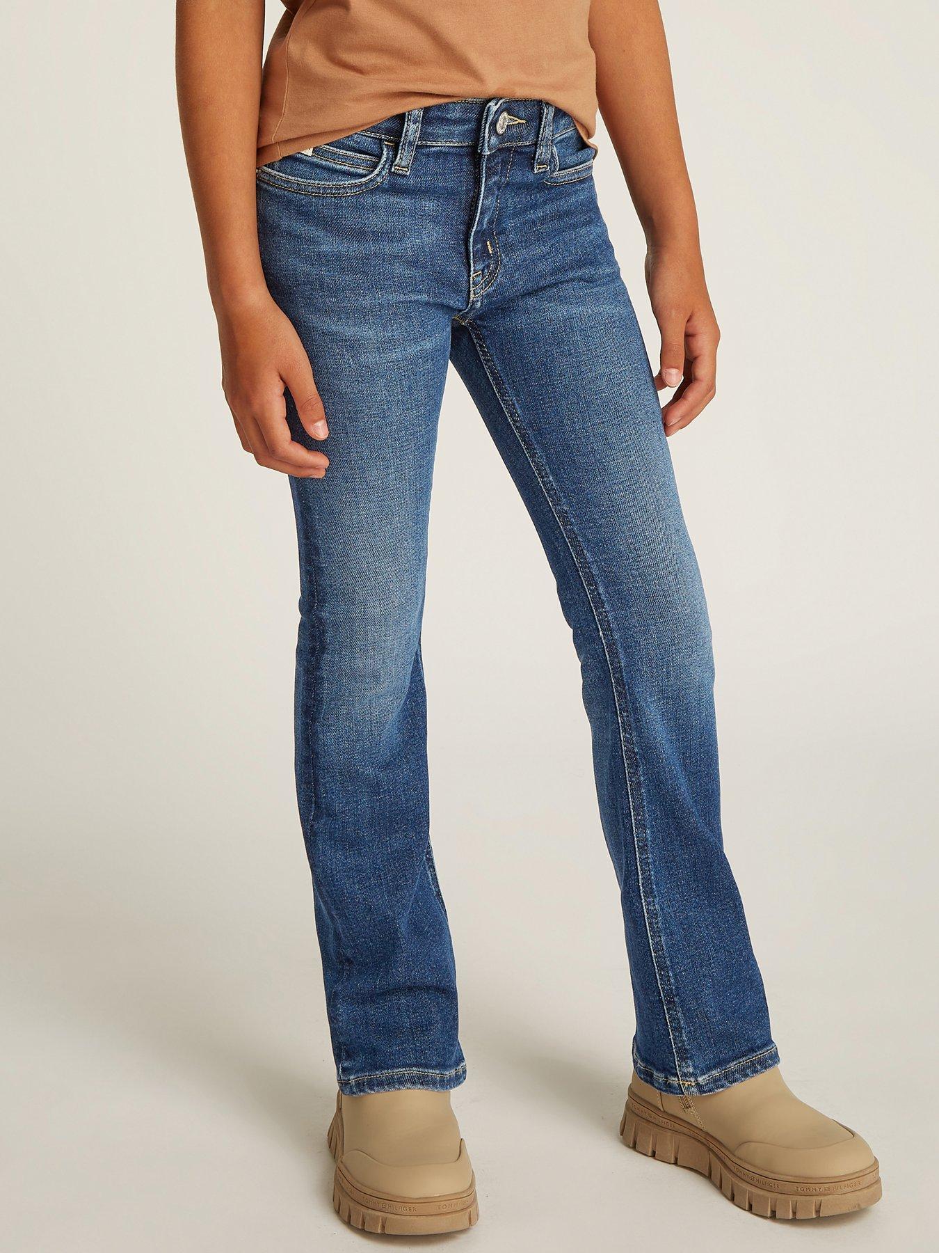  image of calvin-klein-jeans-girls-flare-visual-denim-jeans-dark-blue