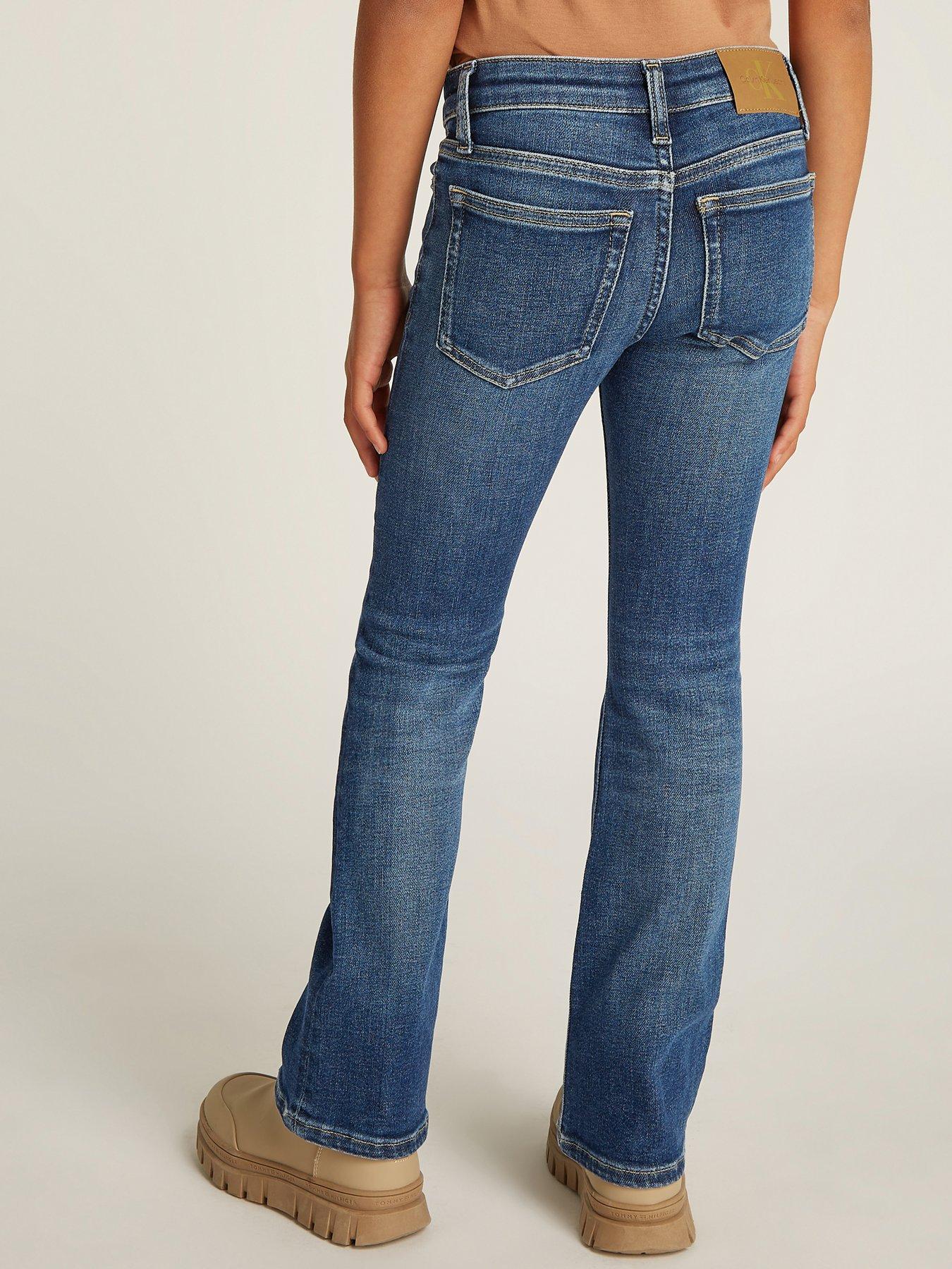 image of calvin-klein-jeans-girls-flare-visual-denim-jeans-dark-blue