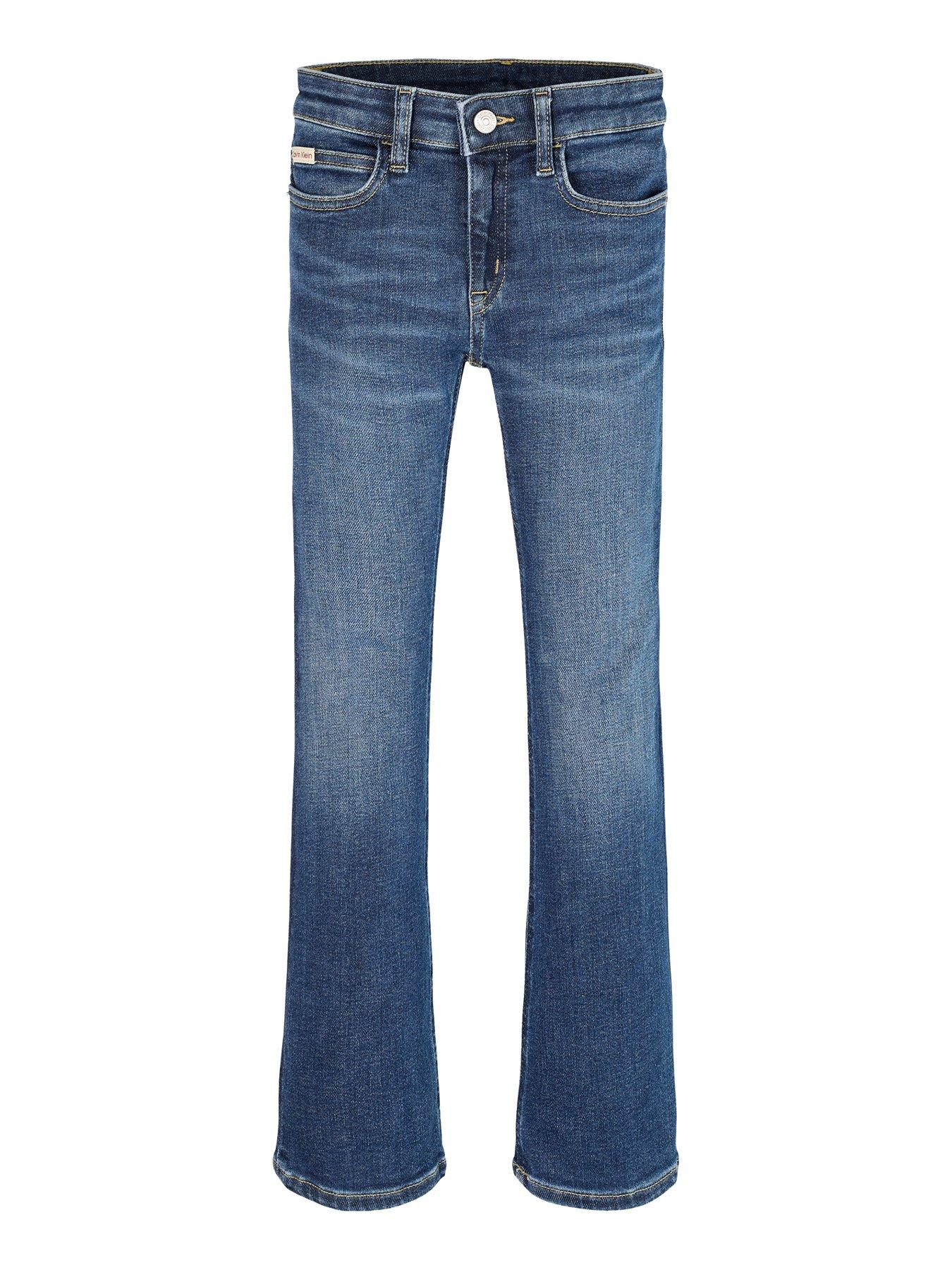  image of calvin-klein-jeans-girls-flare-visual-denim-jeans-dark-blue