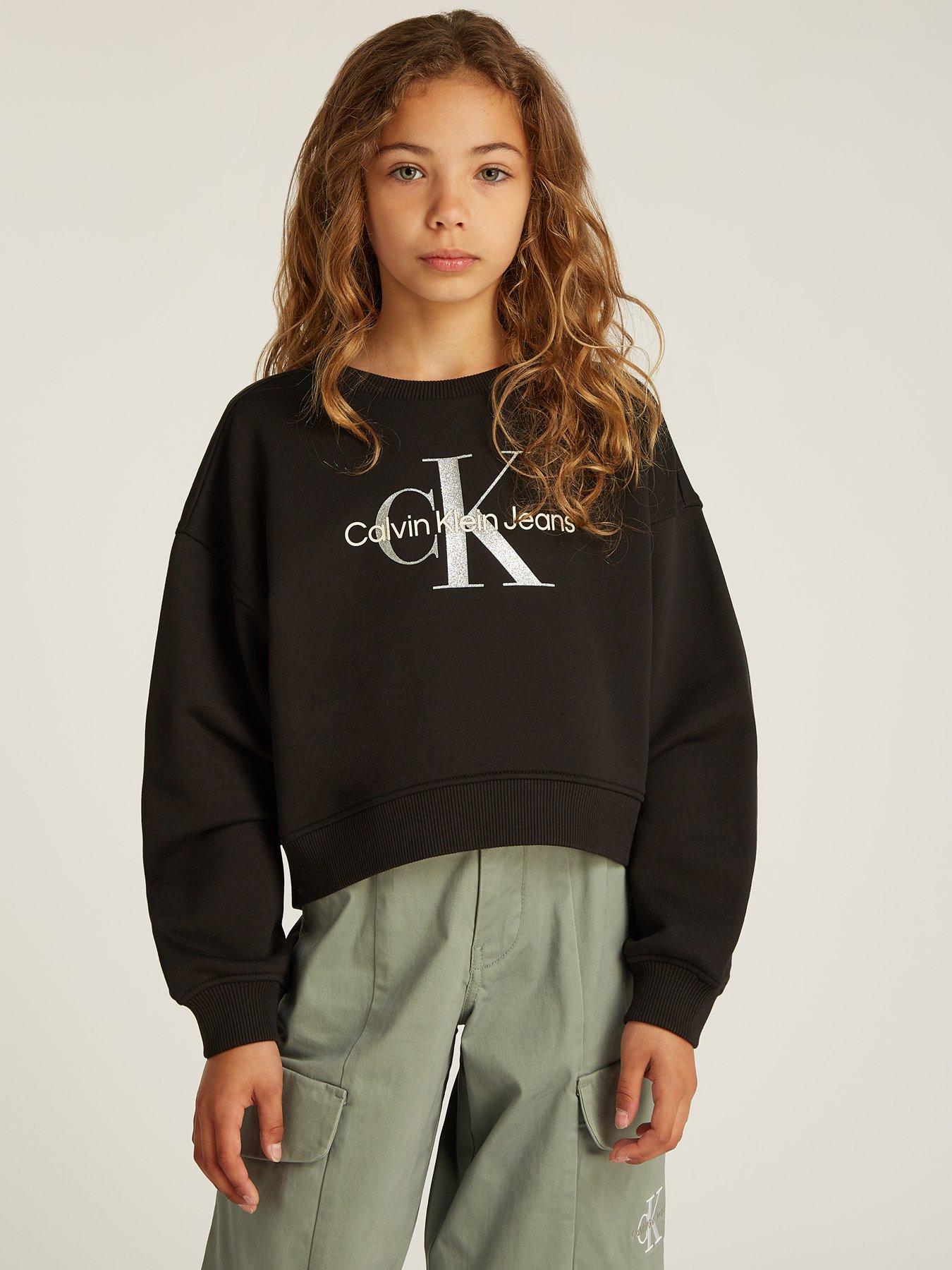 image of calvin-klein-jeans-girls-glitter-monologo-crewneck-sweatshirt-black