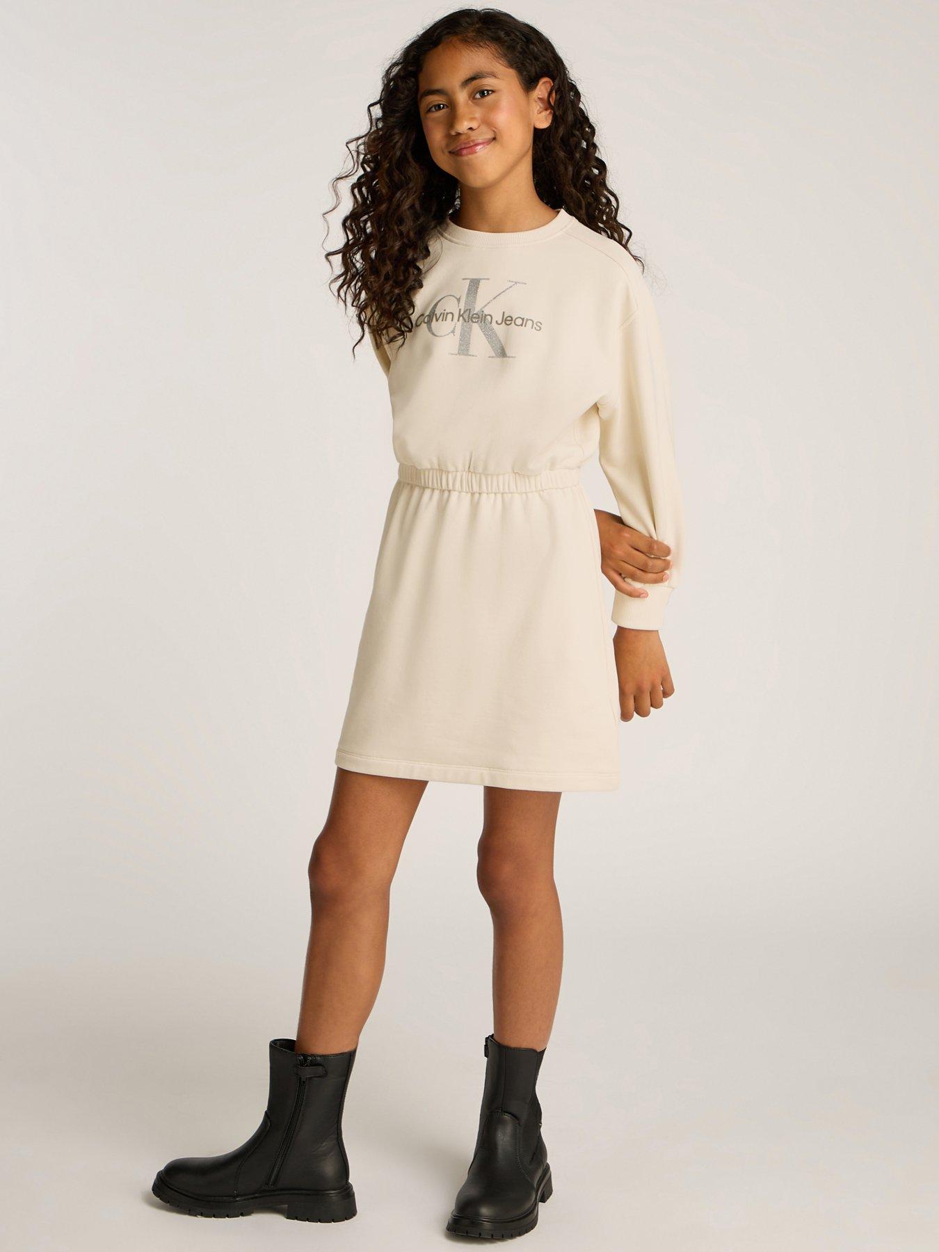  image of calvin-klein-jeans-girls-glitter-monologo-sweat-dress-beige