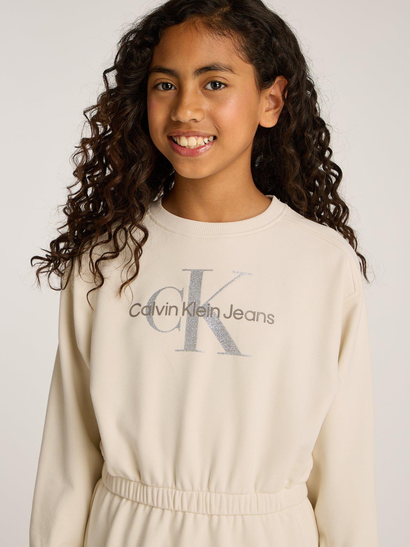  image of calvin-klein-jeans-girls-glitter-monologo-sweat-dress-beige