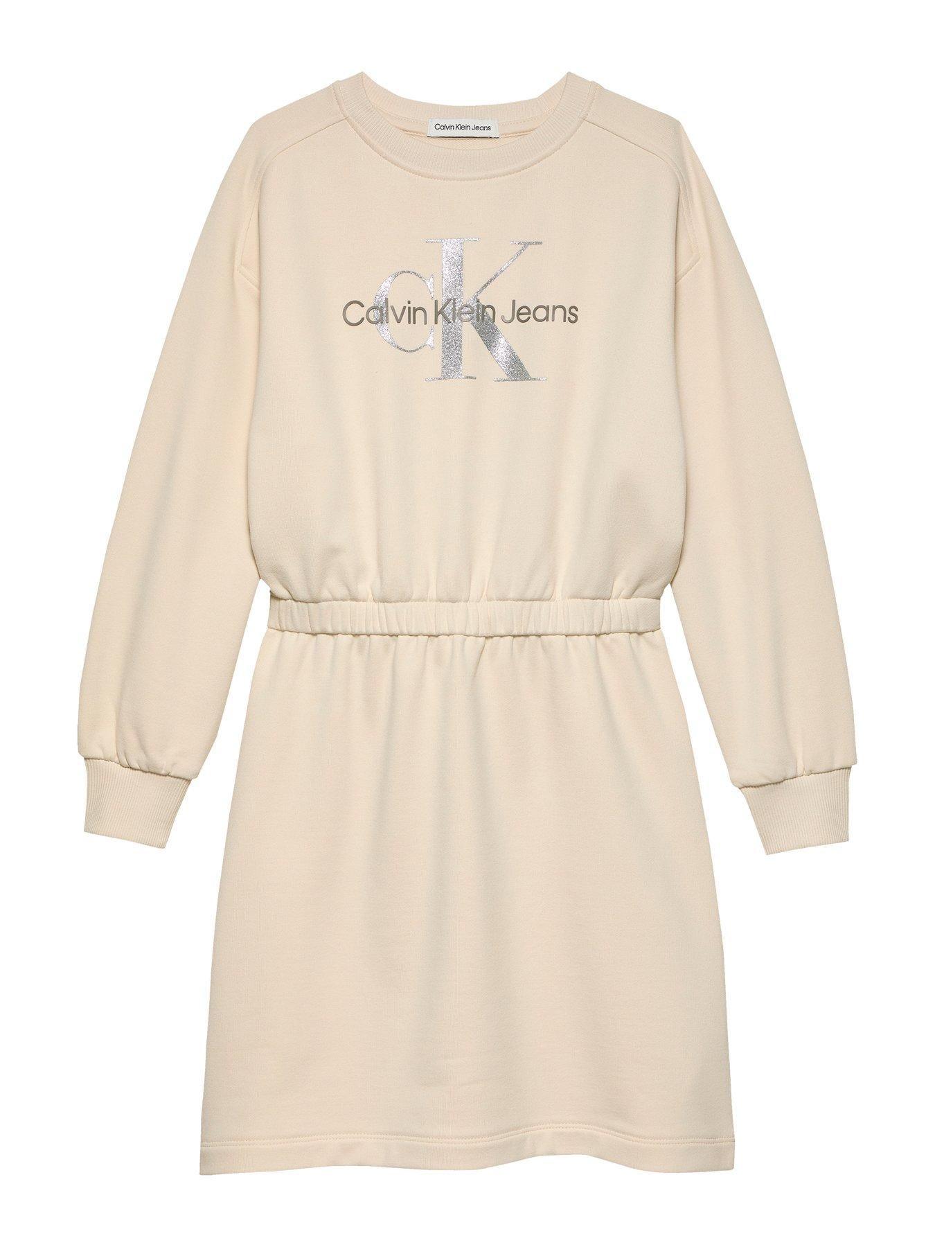  image of calvin-klein-jeans-girls-glitter-monologo-sweat-dress-beige