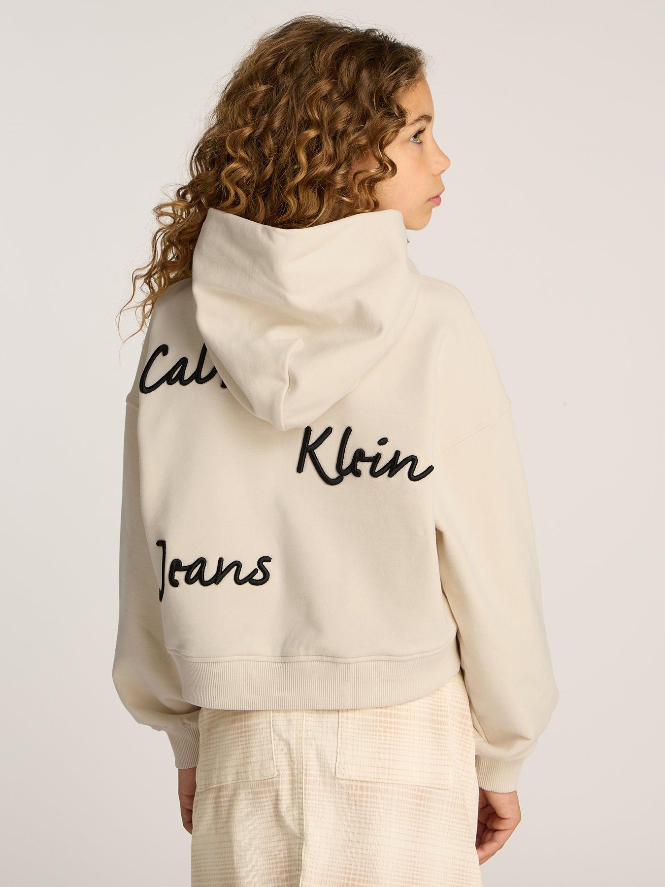  image of calvin-klein-jeans-girls-handwriting-logo-hoodie-beige