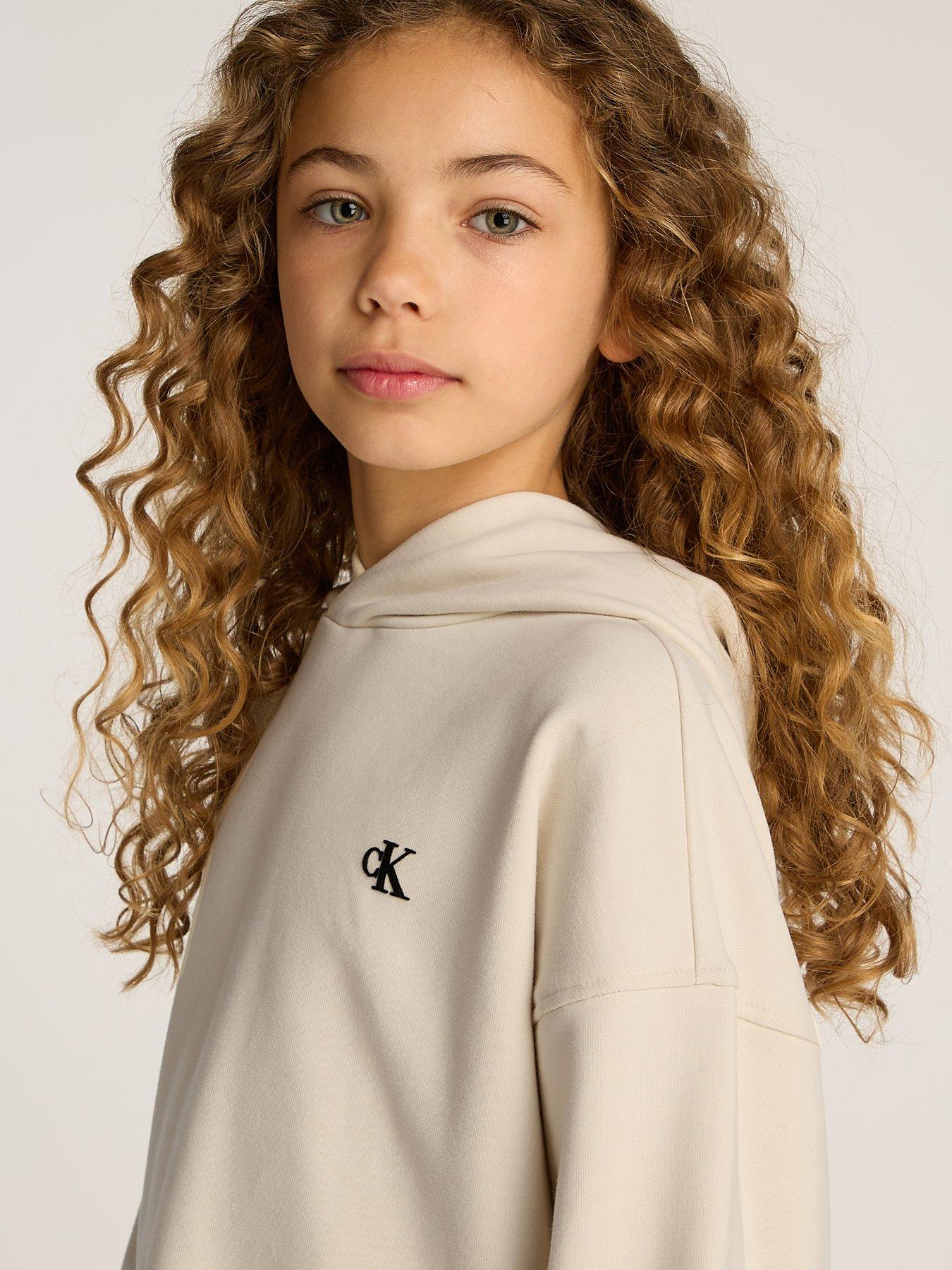  image of calvin-klein-jeans-girls-handwriting-logo-hoodie-beige
