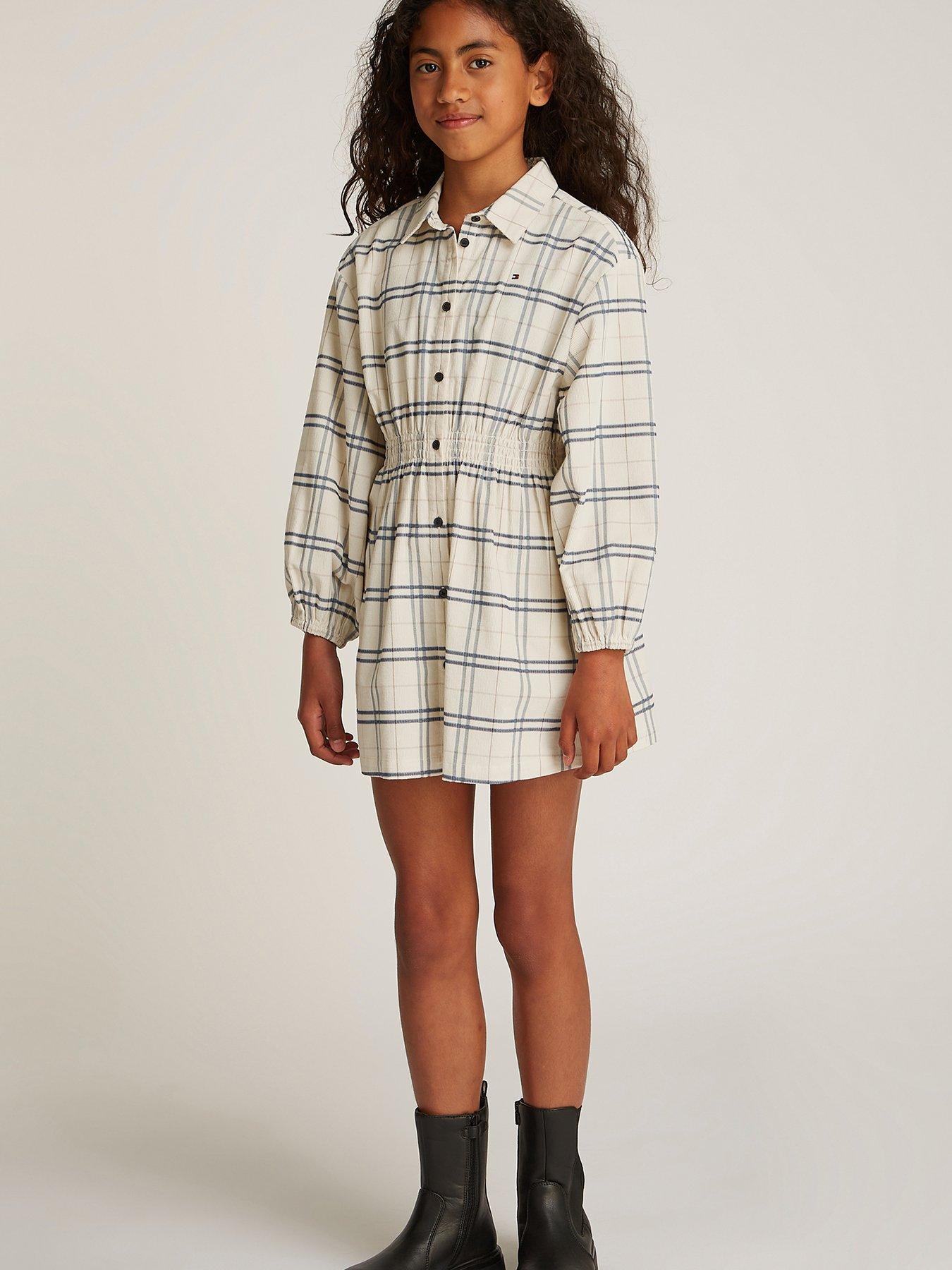 undefined Girls Corduroy Check Long Sleeve Shirt Dress - Beige