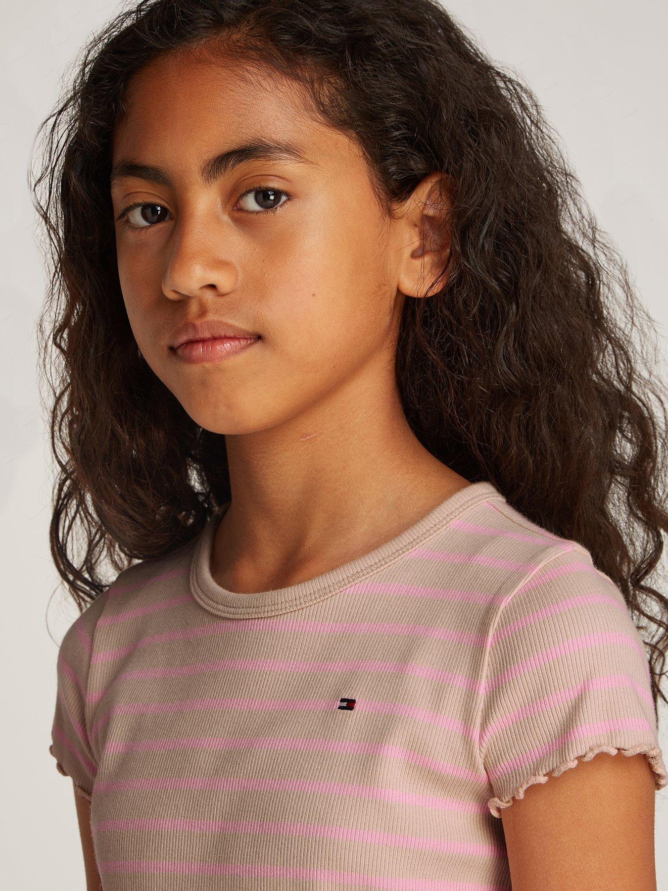  image of tommy-hilfiger-girls-rib-knit-stripe-short-sleeve-top-multi