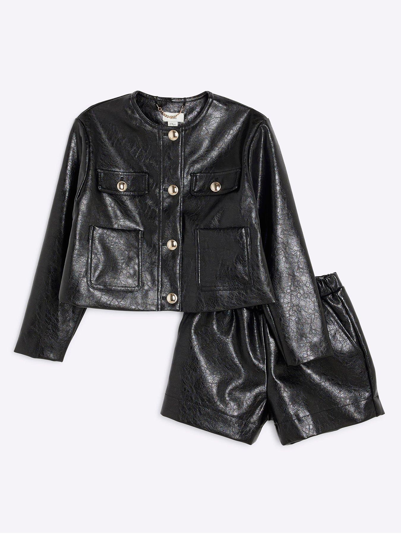 undefined Girls Faux Leather Trophy Jacket Set - Black