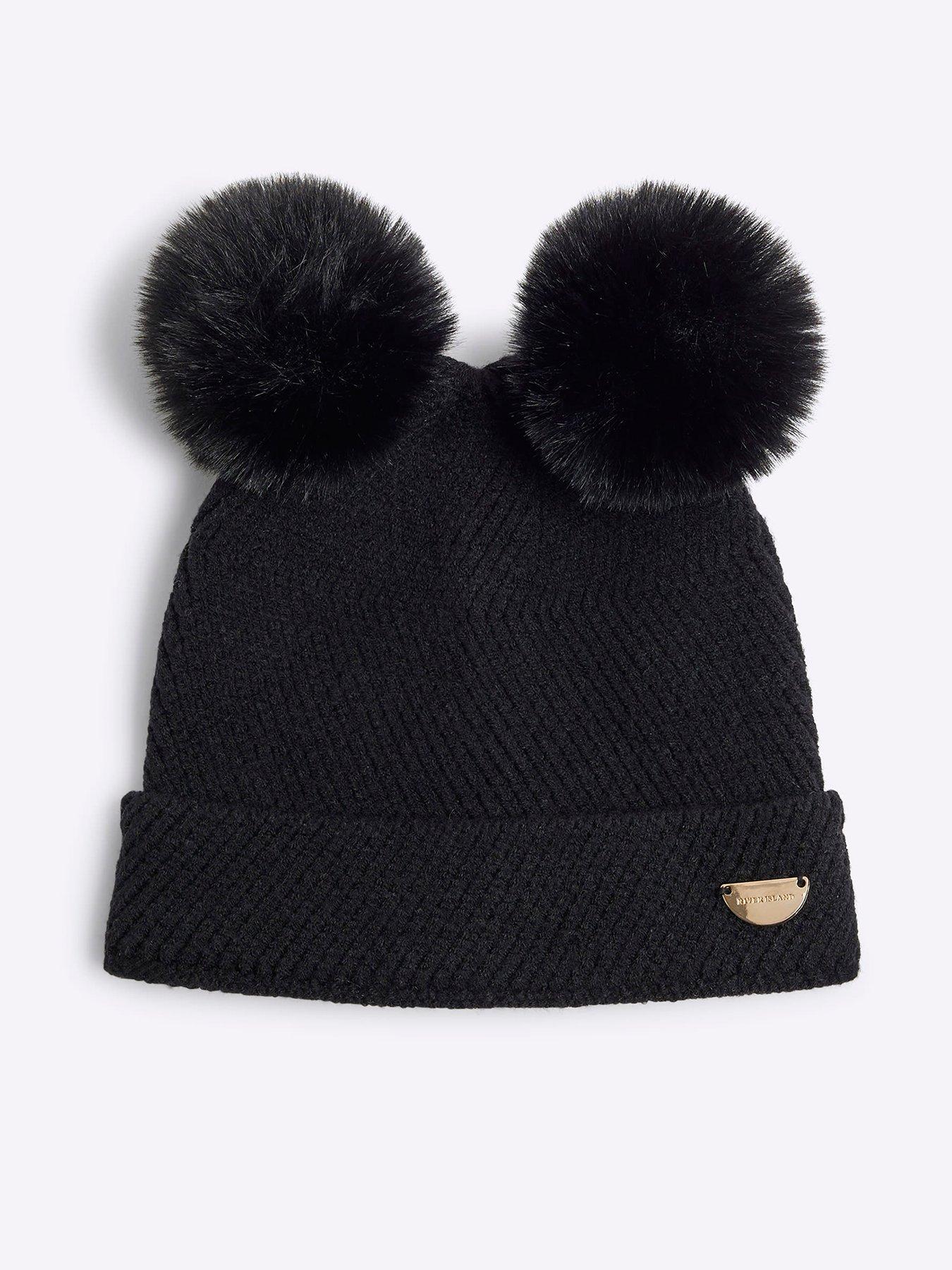 undefined Mini Girls Double Pom Beanie - Black