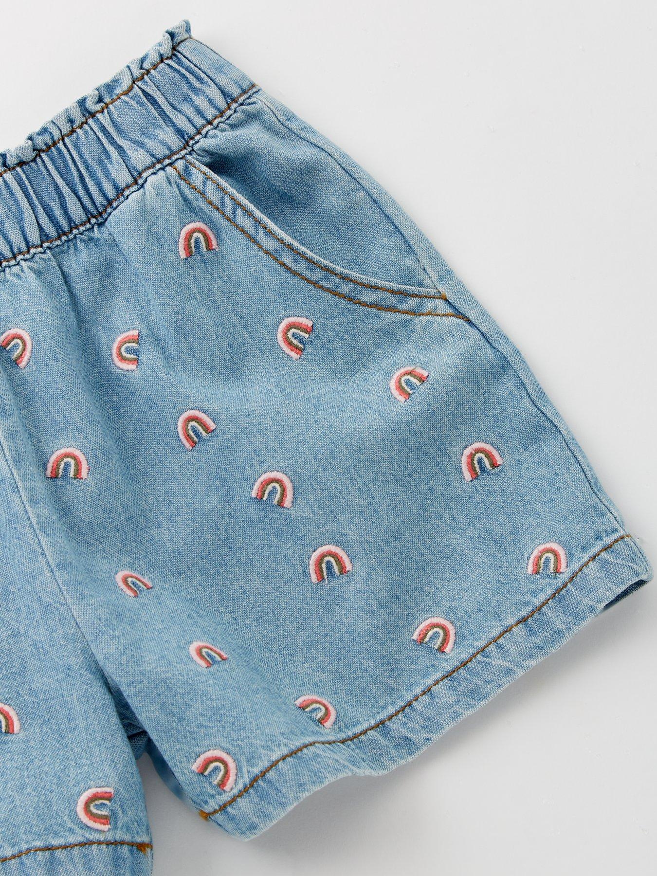  image of mini-v-by-very-girls-embroidered-paperbag-denim-shorts-blue