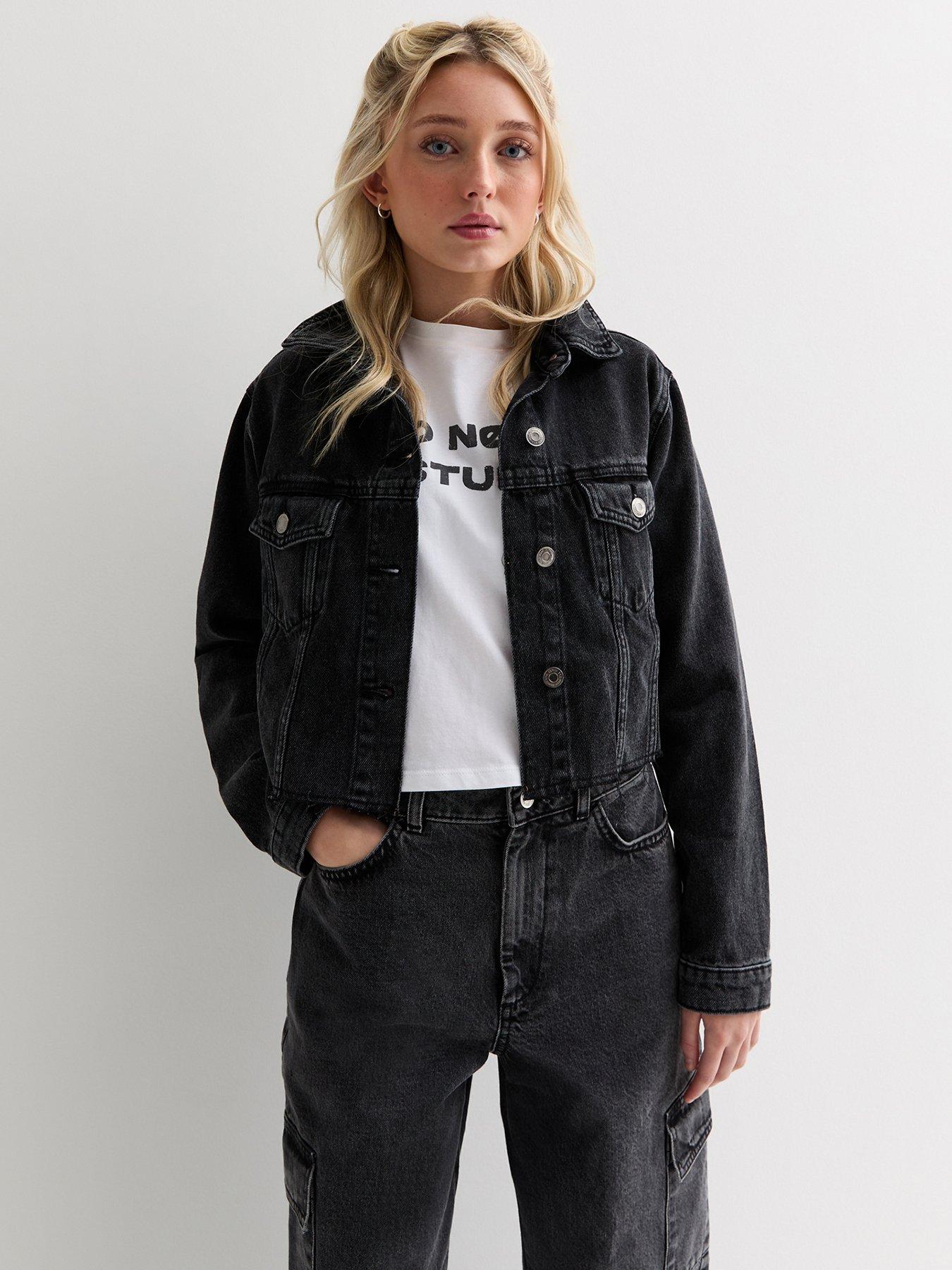 Girls Black Frayed Hem Denim Jacket