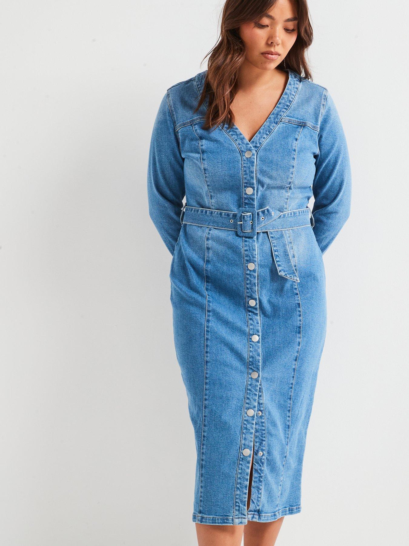  image of v-by-very-curve-belted-stretch-denim-dress-blue