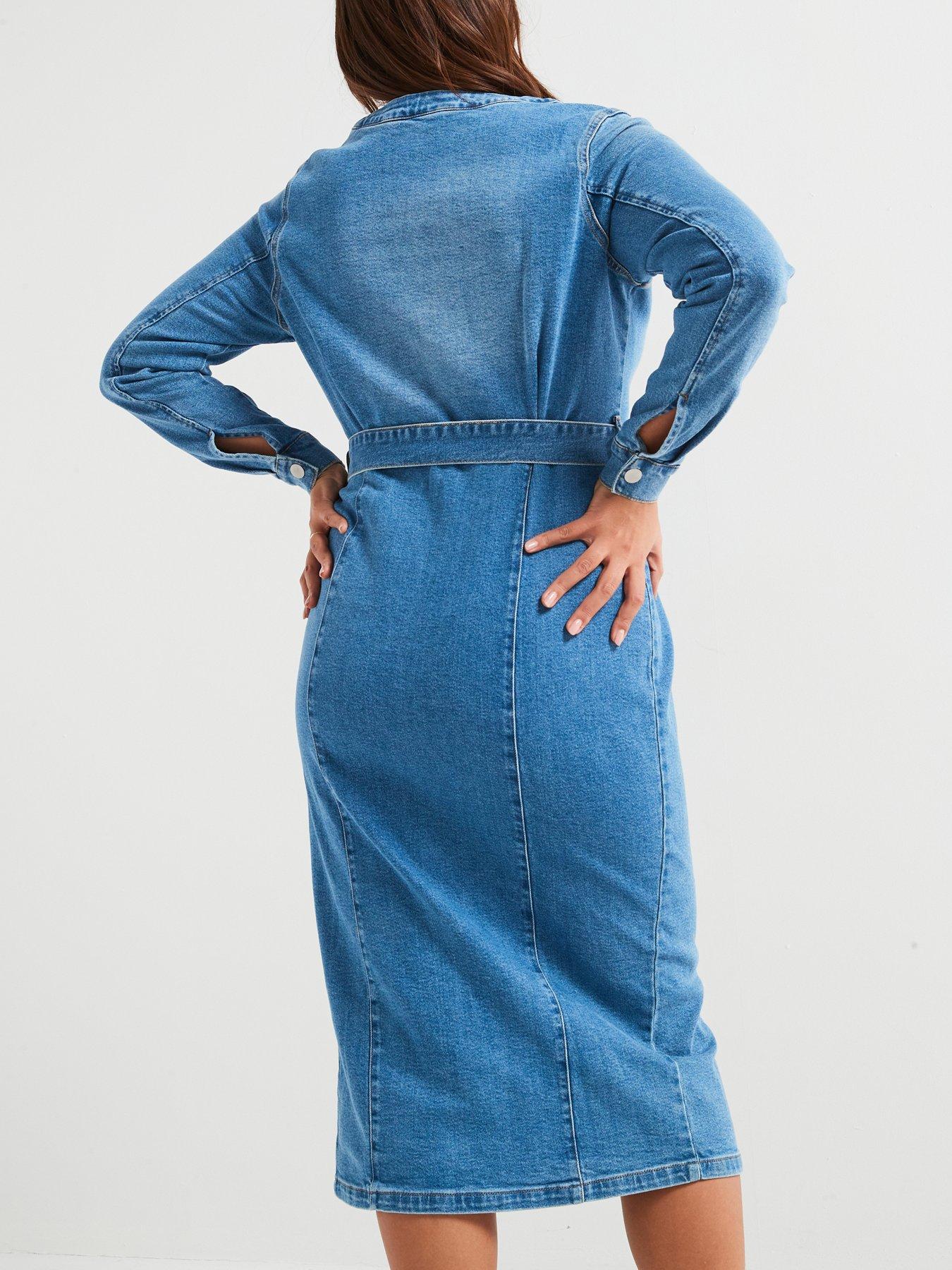  image of v-by-very-curve-belted-stretch-denim-dress-blue