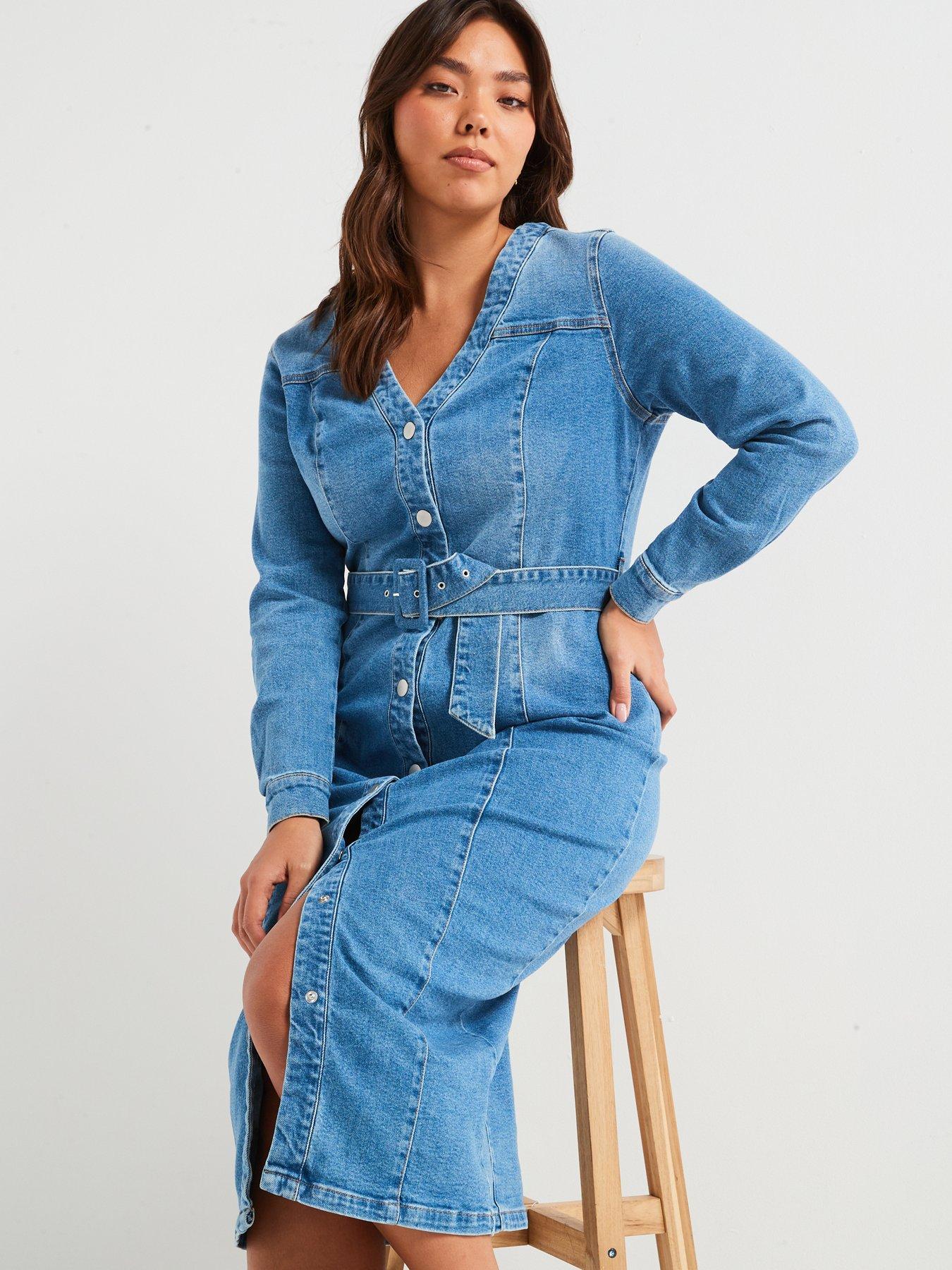  image of v-by-very-curve-belted-stretch-denim-dress-blue